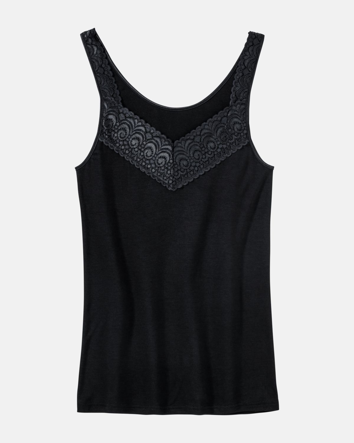 Achselhemd in schwarz aus der Serie Sofia Lace, flach auf einer Oberfläche liegend.