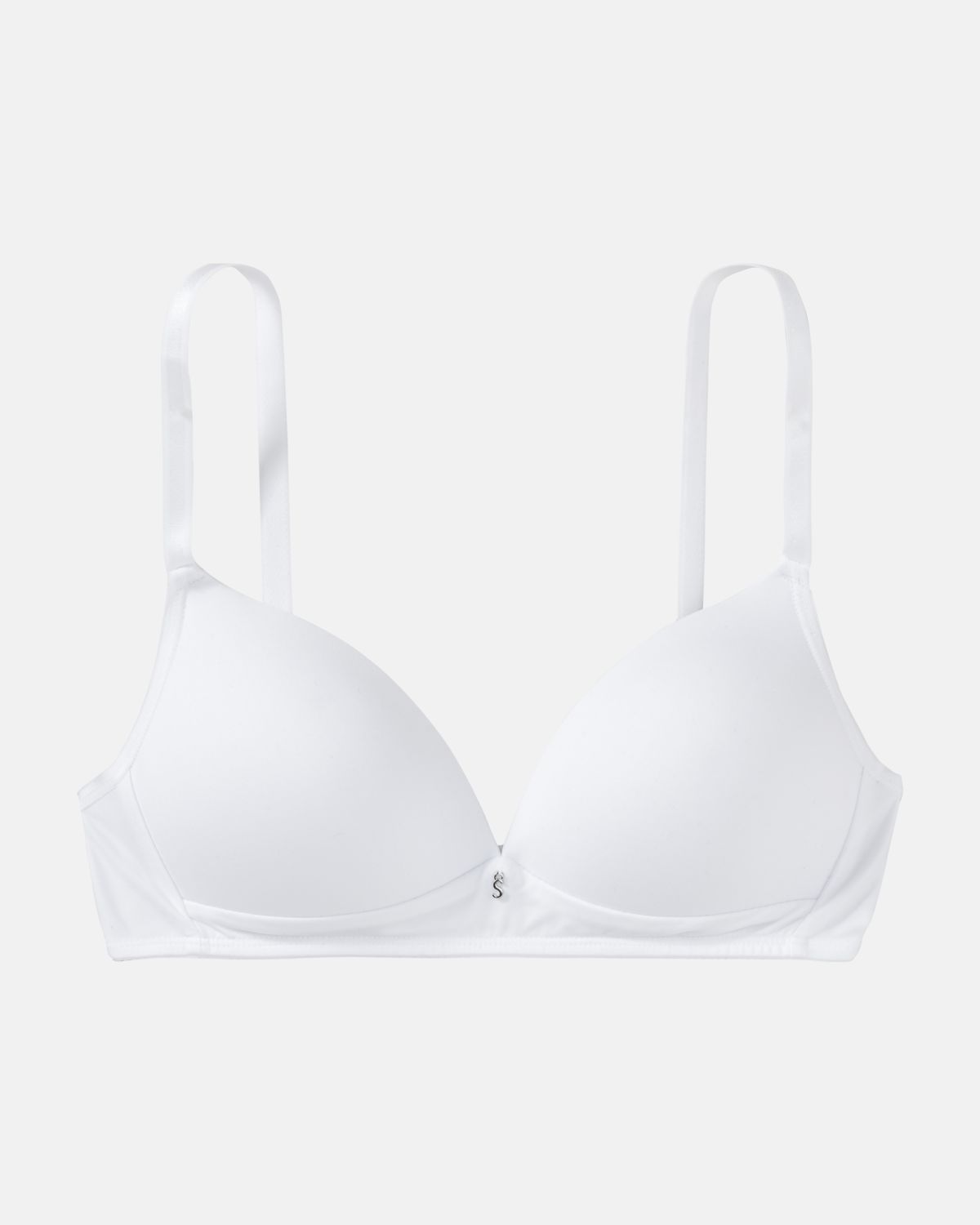 Schalen BH Triangle in weiß aus der Serie Sidney, flach auf einer Oberfläche liegend.