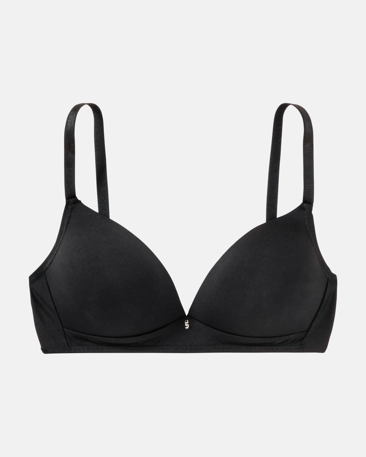 Schalen BH Triangle in schwarz aus der Serie Sidney, flach auf einer Oberfläche liegend.