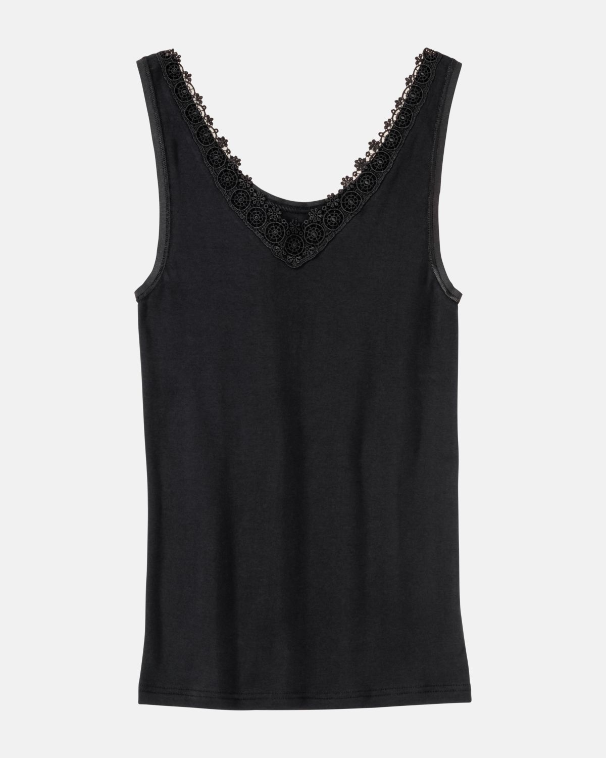 Achselhemd in schwarz aus der Serie Silke, flach auf einer Oberfläche liegend.