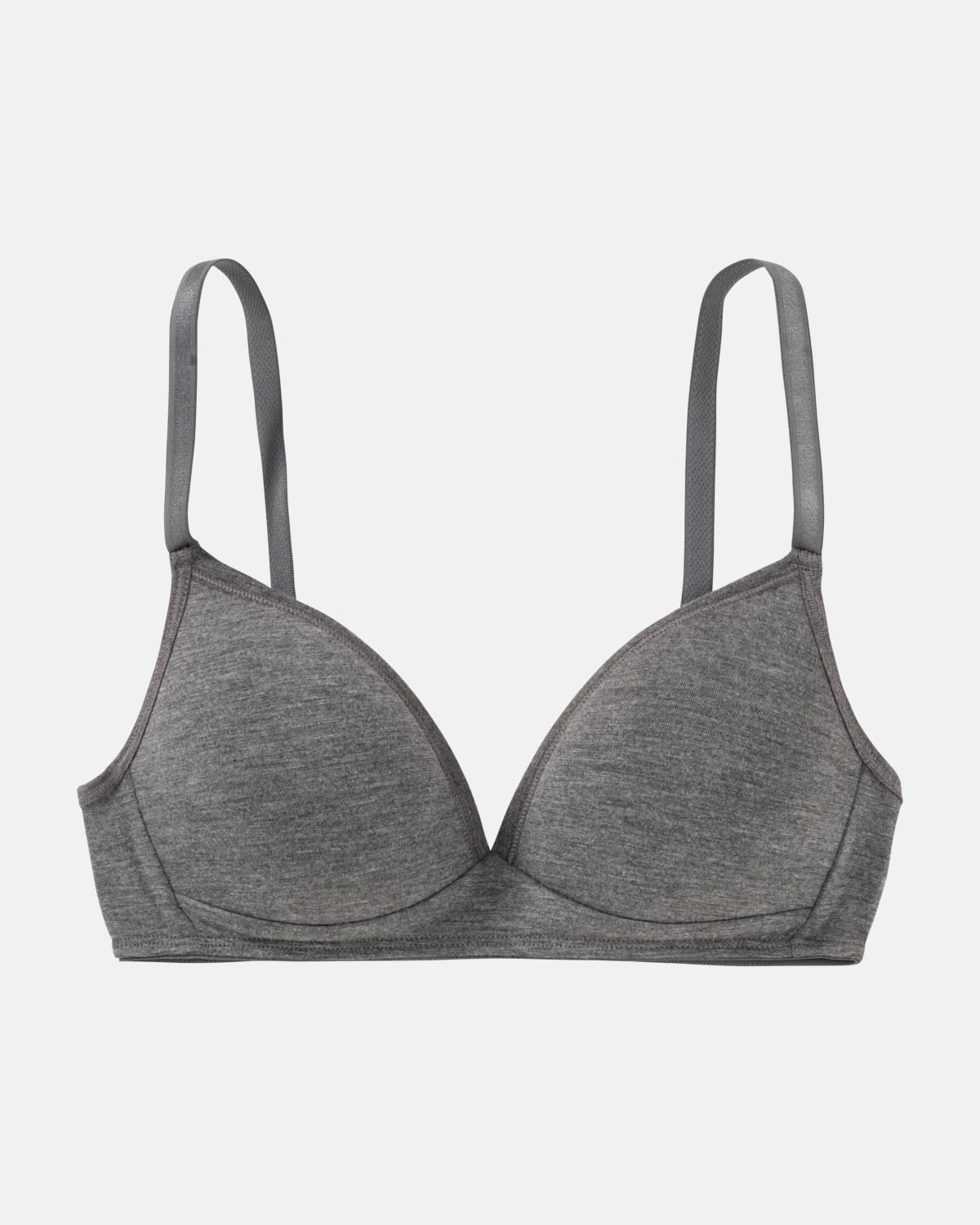 Schalen BH Triangle in grau mélé aus der Serie Swenja, flach auf einer Oberfläche liegend.