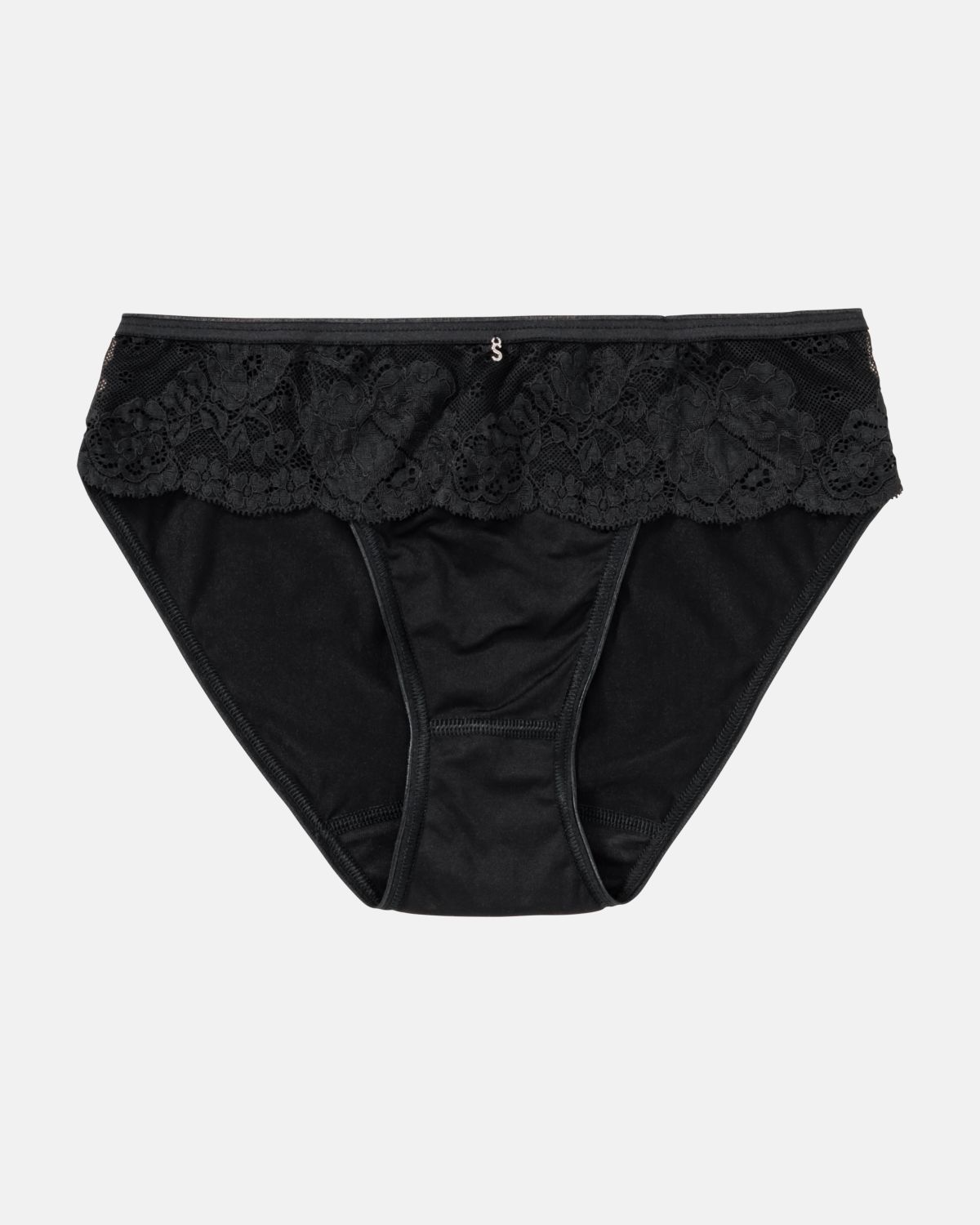 Bikinislip in schwarz aus der Serie Severine, flach auf einer Oberfläche liegend.