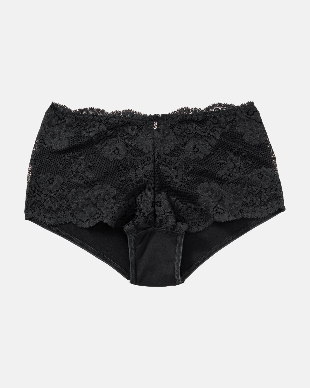 Hüftpant in schwarz aus der Serie Severine, flach auf einer Oberfläche liegend.