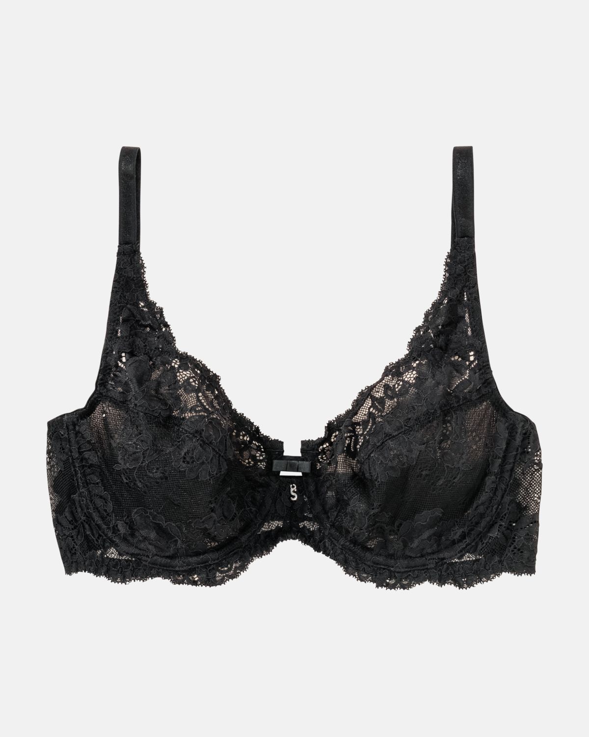 Bügel BH in schwarz aus der Serie Severine, flach auf einer Oberfläche liegend.