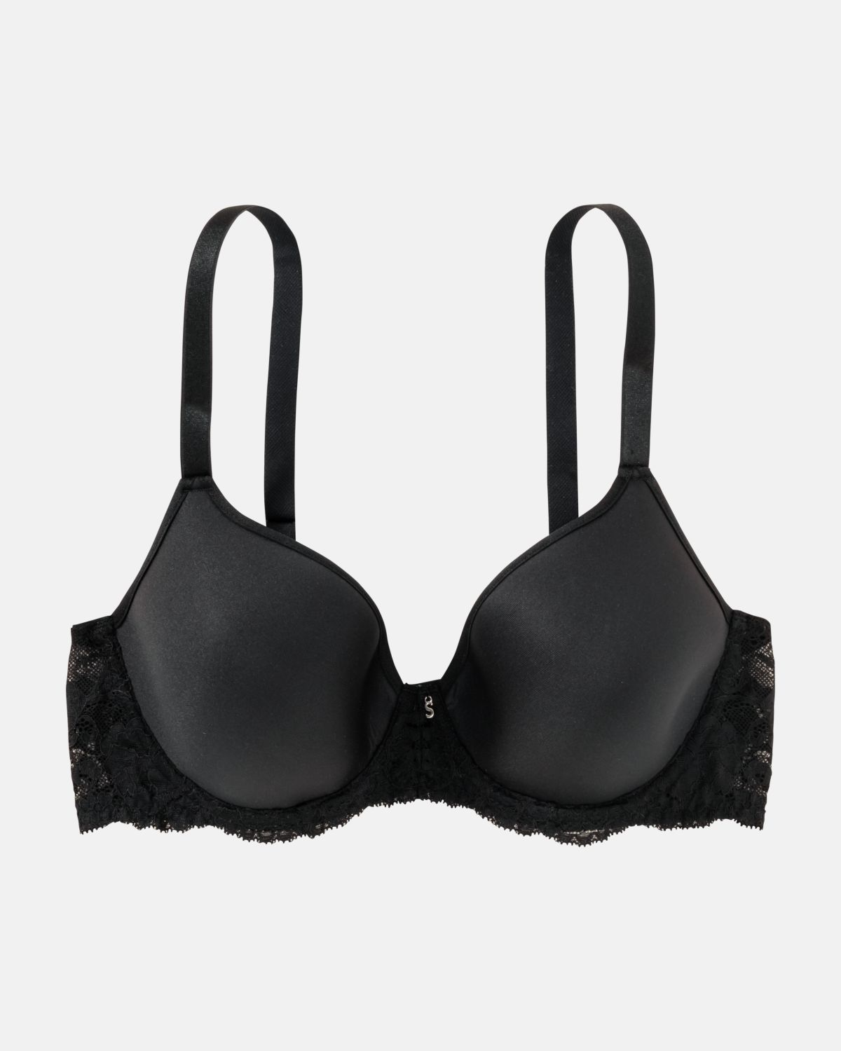 Schalen BH Spacer Cup in schwarz aus der Serie Severine, flach auf einer Oberfläche liegend.