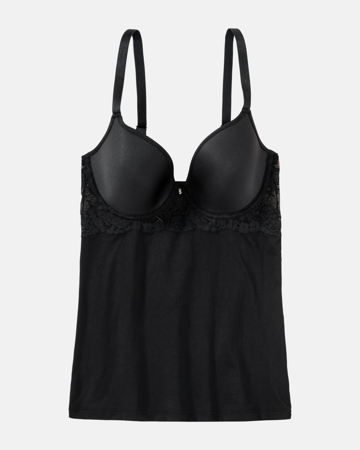 Bügel BH Hemd Spacer Cup in schwarz aus der Serie Severine, flach auf einer Oberfläche liegend.