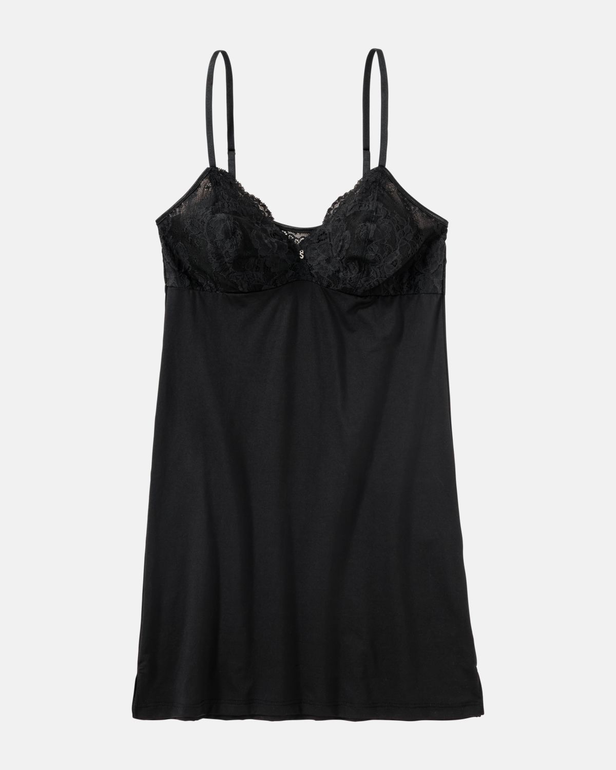 Lingeriekleid in schwarz aus der Serie Severine, flach auf einer Oberfläche liegend.