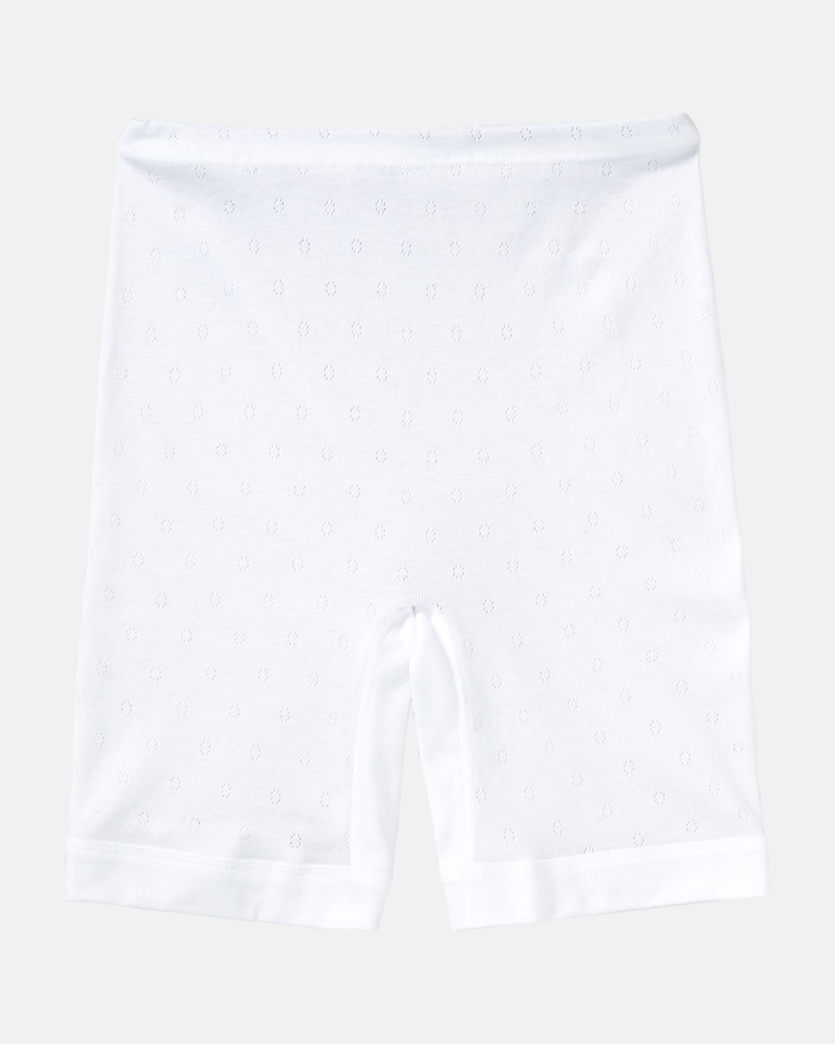 Langbeinschlüpfer in weiß aus der Serie Nina, flach auf einer Oberfläche liegend.