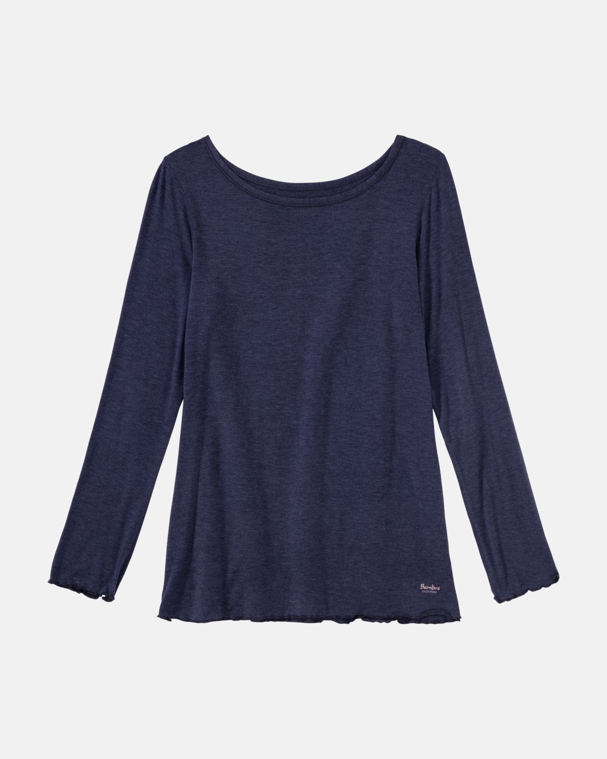 Shirt 1/1 Arm in blueberry mélé aus der Serie Stephanie, flach auf einer Oberfläche liegend.