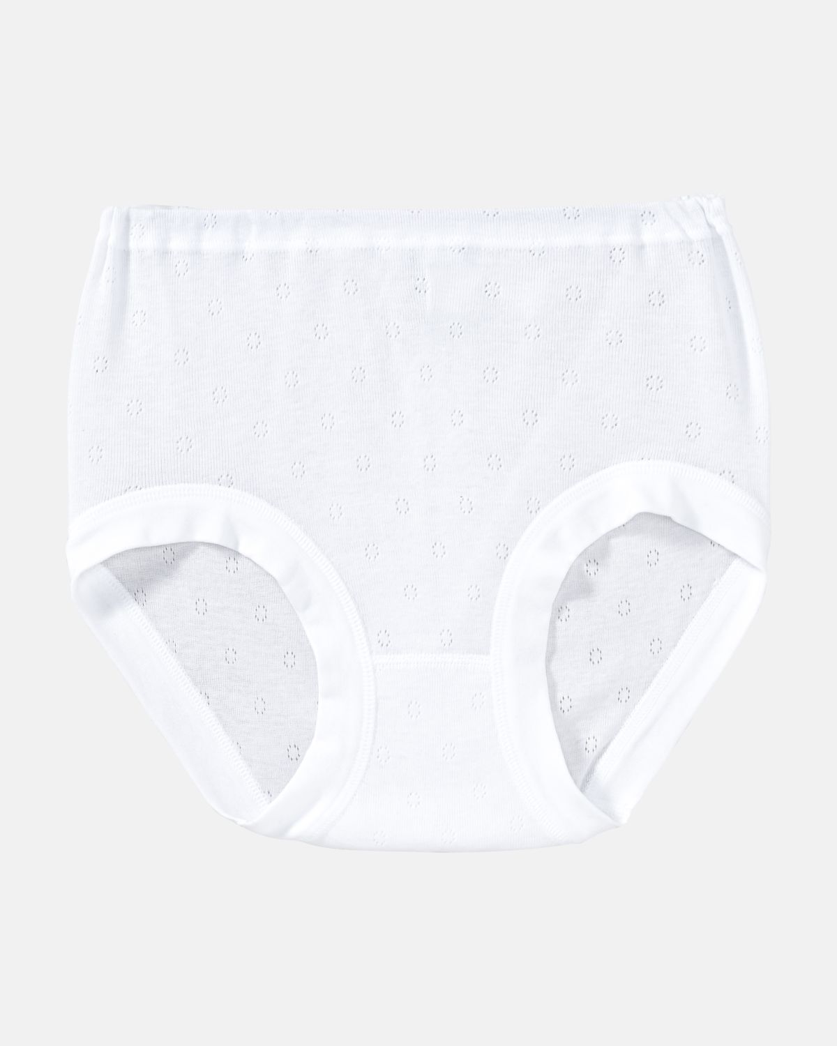 Taillenslip in weiß aus der Serie Nora, flach auf einer Oberfläche liegend.