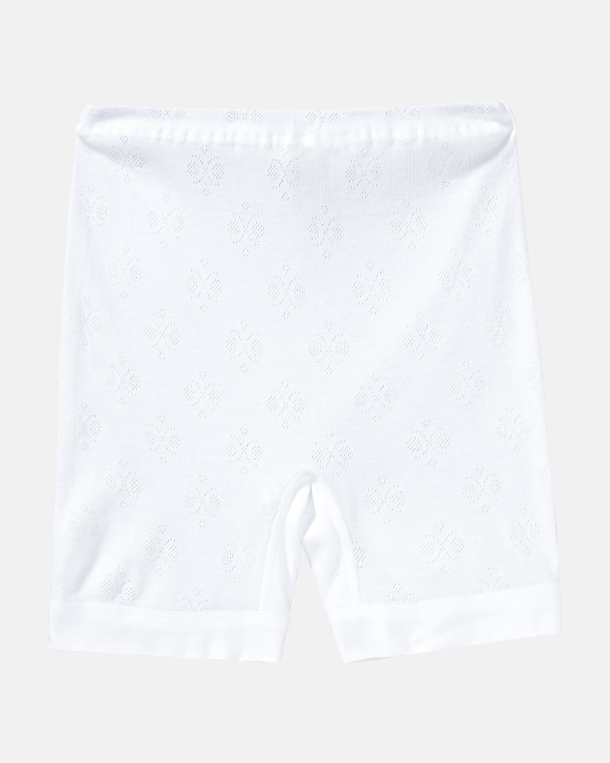 Langbeinschlüpfer in weiß aus der Serie Nora, flach auf einer Oberfläche liegend.