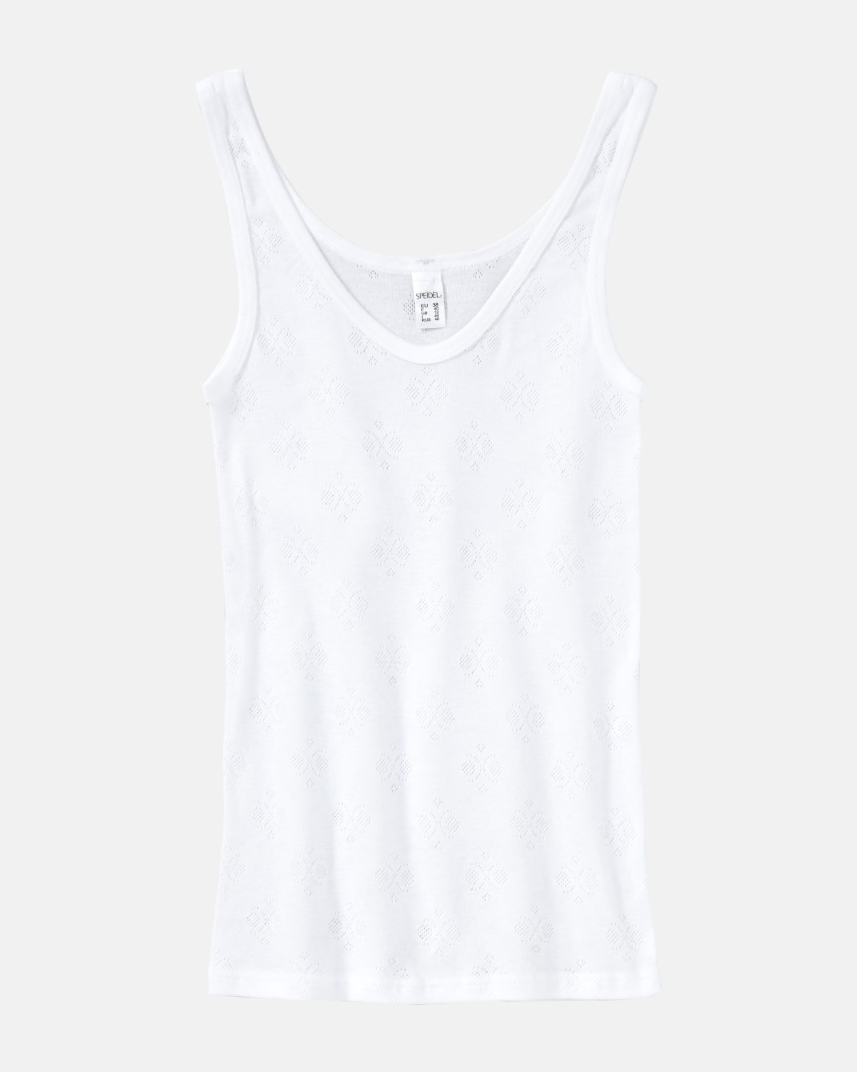 Achselhemd in weiß aus der Serie Nora, flach auf einer Oberfläche liegend.