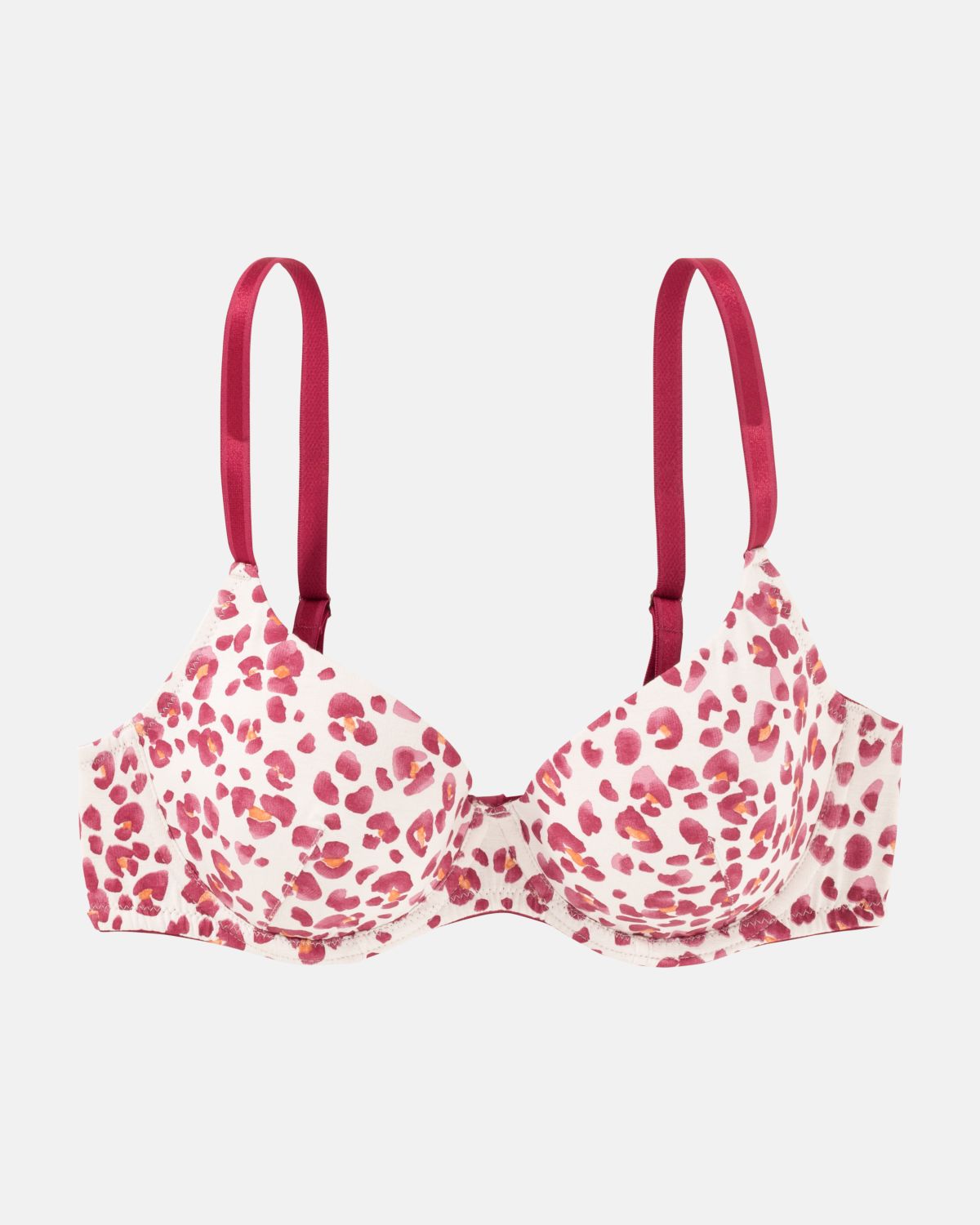 Schalen BH mit Bügel in Leoprint aus der Serie Pandora, flach auf einer Oberfläche liegend.