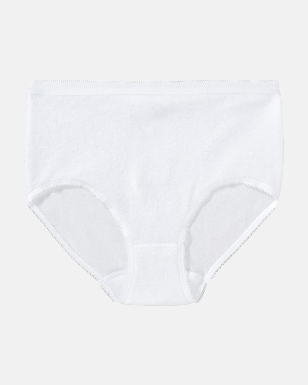 Hüftslip in weiß aus der Serie Britta, flach auf einer Oberfläche liegend.