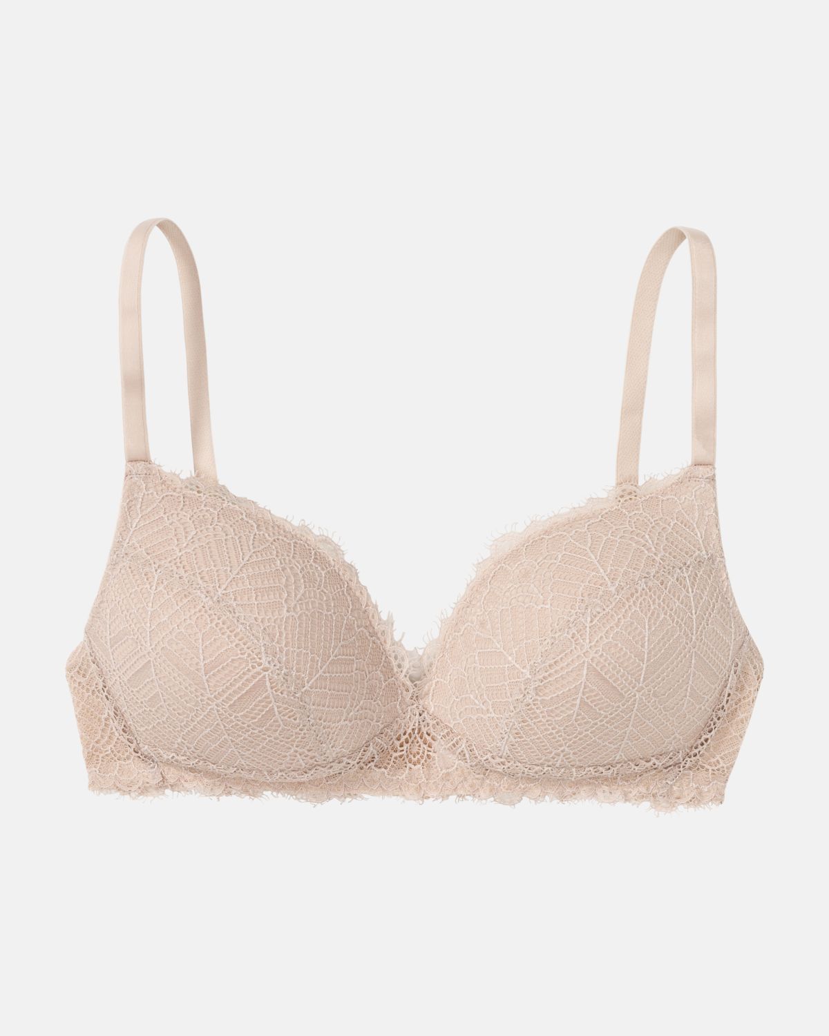 Schalen BH Triangle in cashew aus der Serie Ronja, flach auf einer Oberfläche liegend.