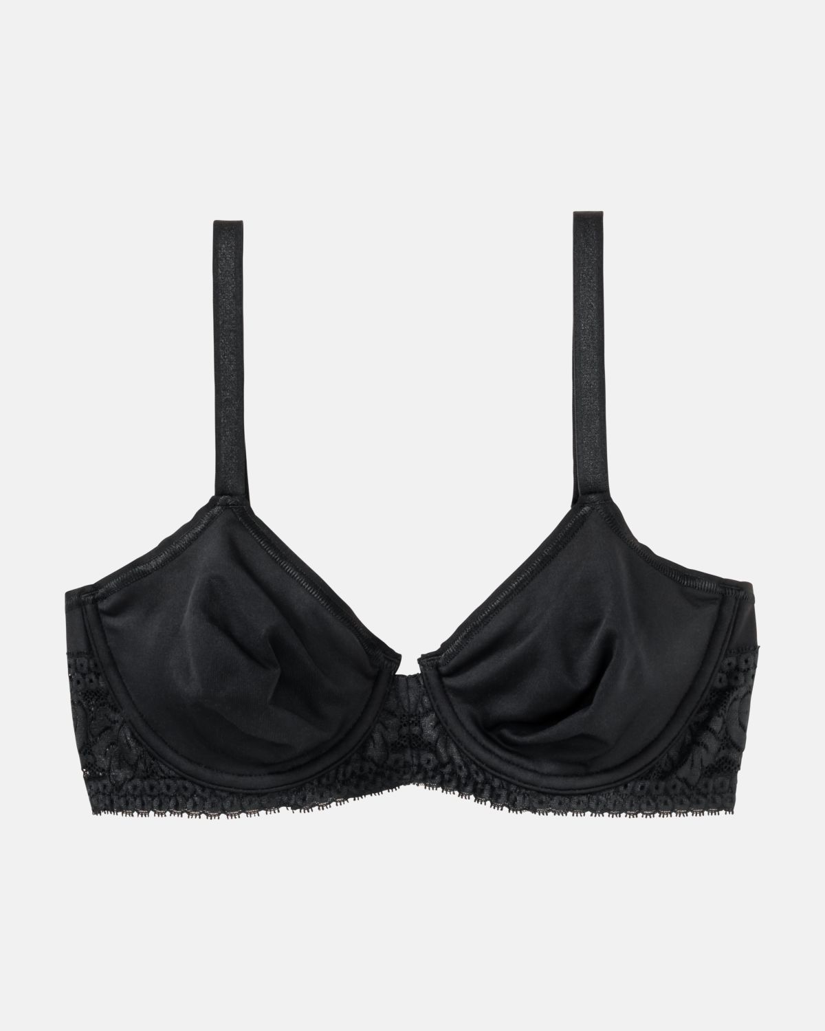 Bügel BH gemoldet in schwarz aus der Serie Inshape, flach auf einer Oberfläche liegend.