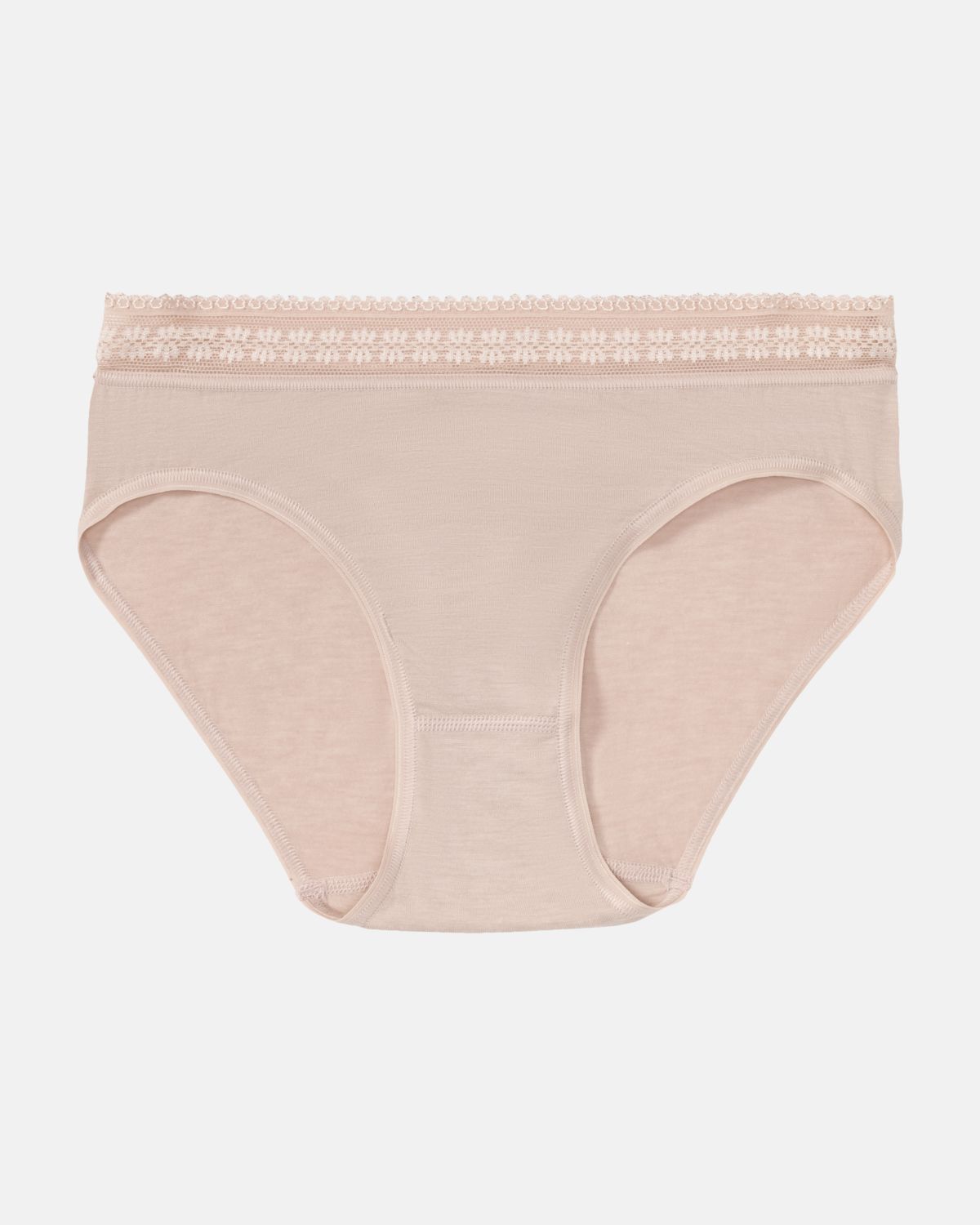 Bikinislip in cashew mélé aus der Serie Raphaela, flach auf einer Oberfläche liegend.