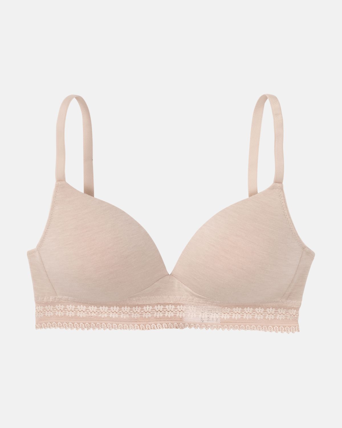 Schalen BH Triangle in cashew mélé aus der Serie Raphaela, flach auf einer Oberfläche liegend.