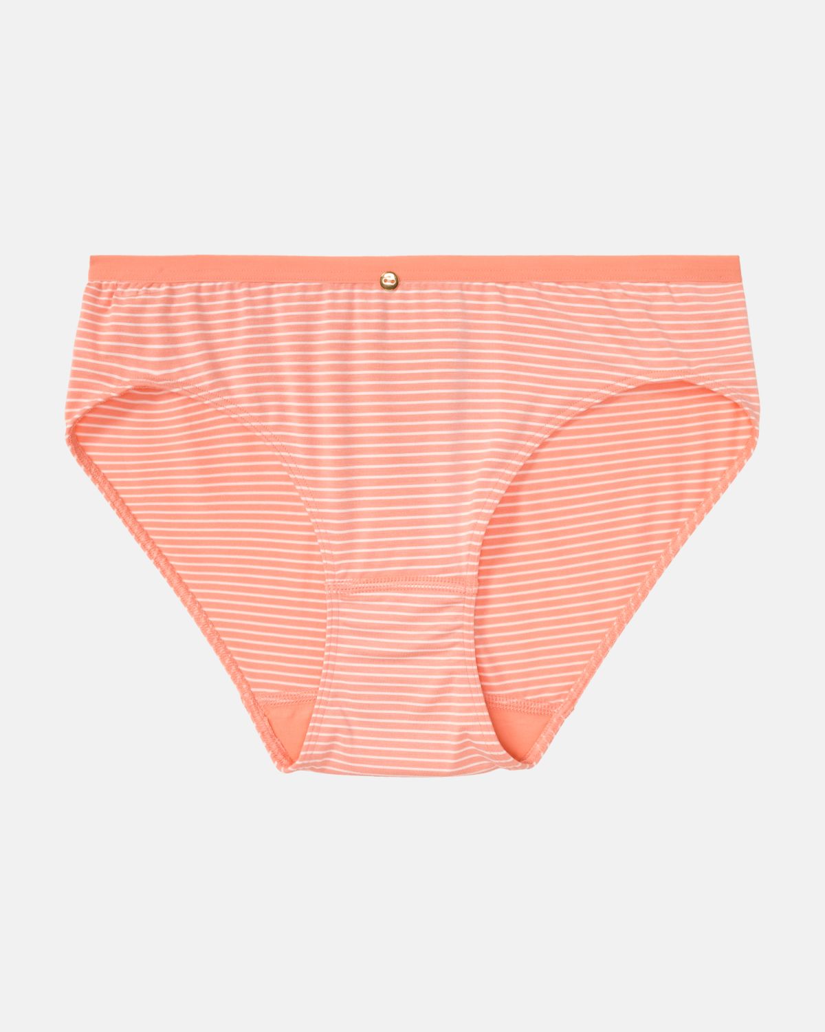 Bikinislip in melone / off white aus der Serie Rebecca, flach auf einer Oberfläche liegend.