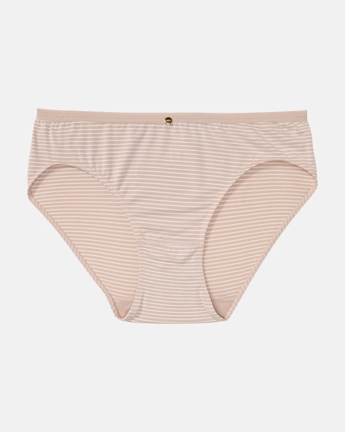 Bikinislip in cashew / off white aus der Serie Rebecca, flach auf einer Oberfläche liegend.