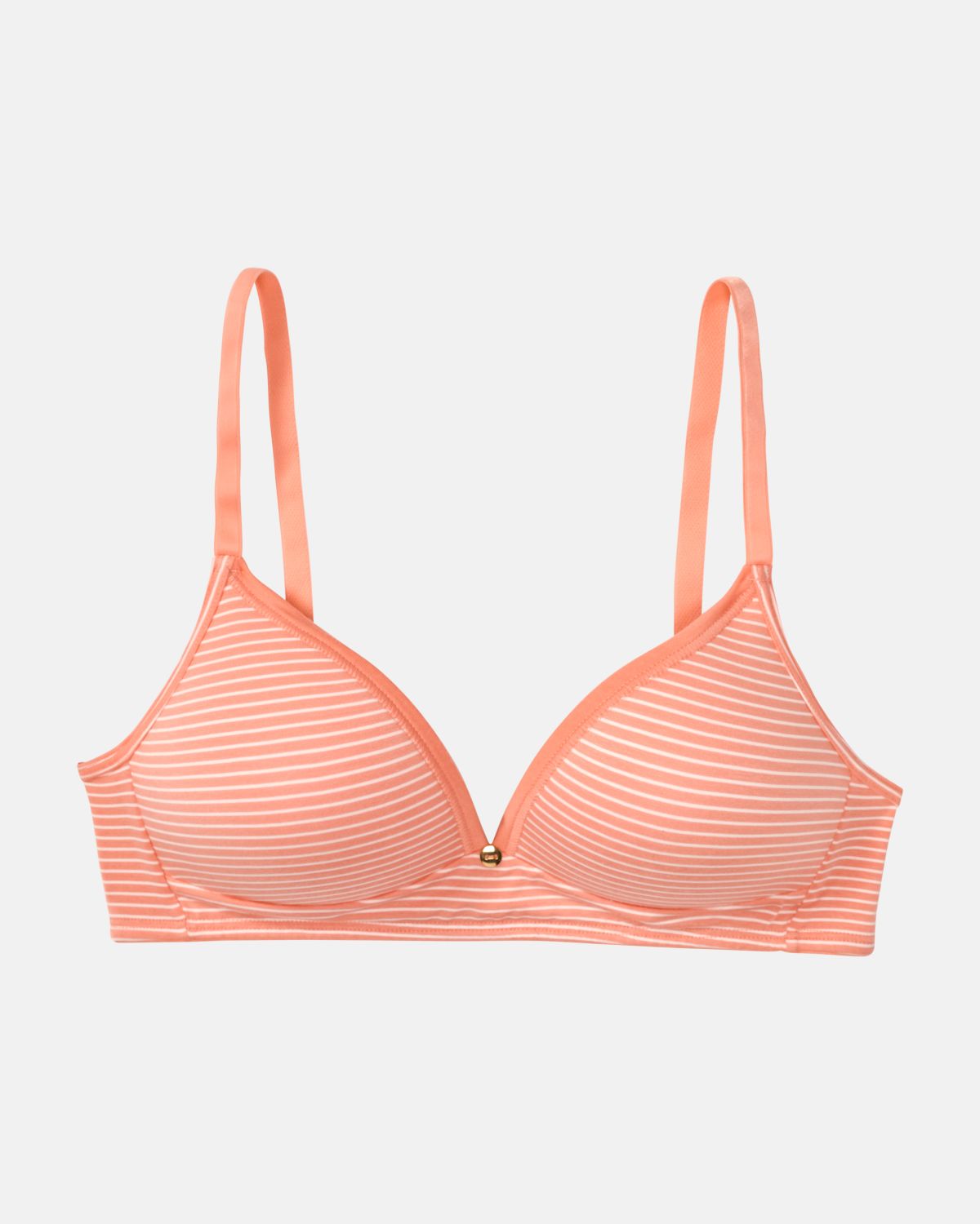 Schalen BH Triangle in melone / off white aus der Serie Rebecca, flach auf einer Oberfläche liegend.