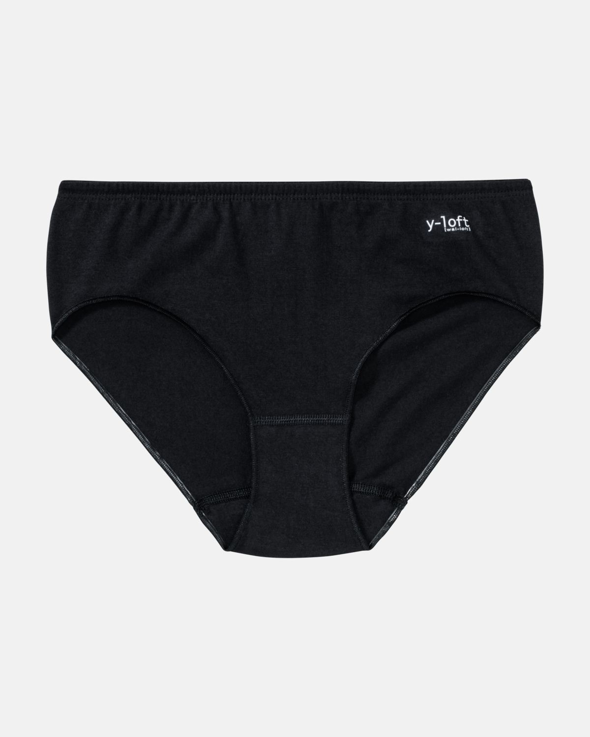 Midislip in schwarz aus der Serie Y-loft, flach auf einer Oberfläche liegend.