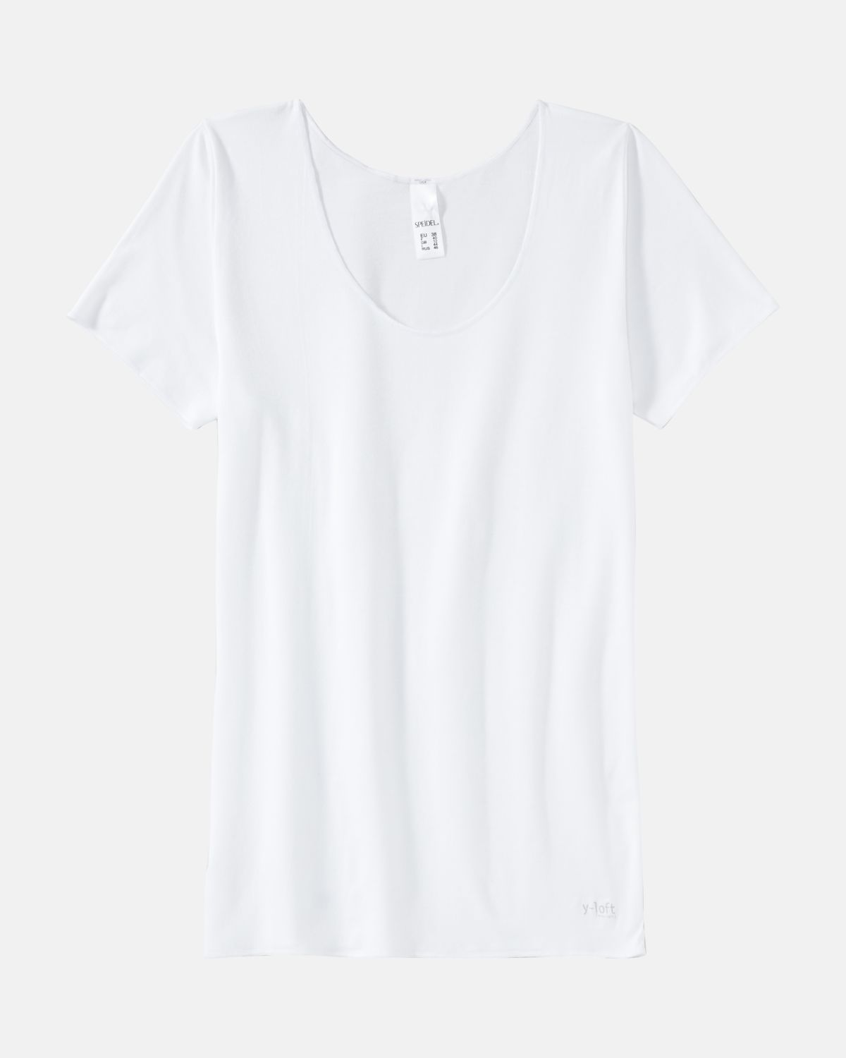 Hemd 1/4 Arm in weiß aus der Serie Y-loft, flach auf einer Oberfläche liegend.