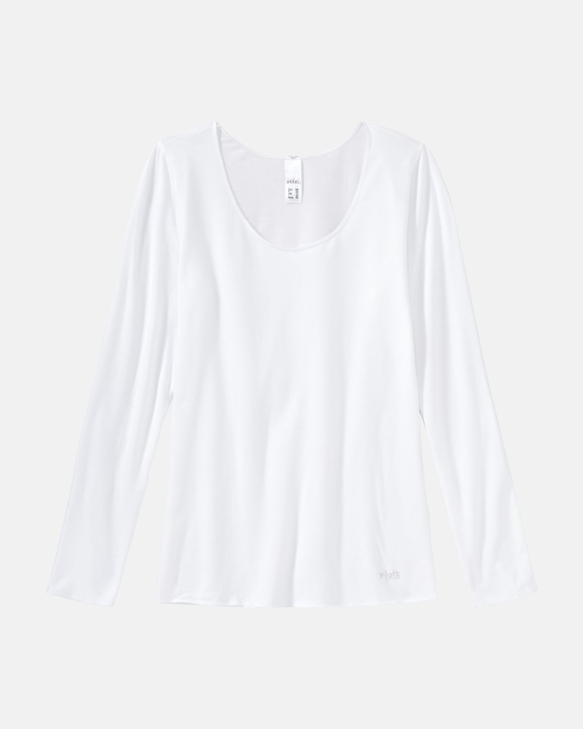 Hemd 1/1 Arm in weiß aus der Serie Y-loft, flach auf einer Oberfläche liegend.