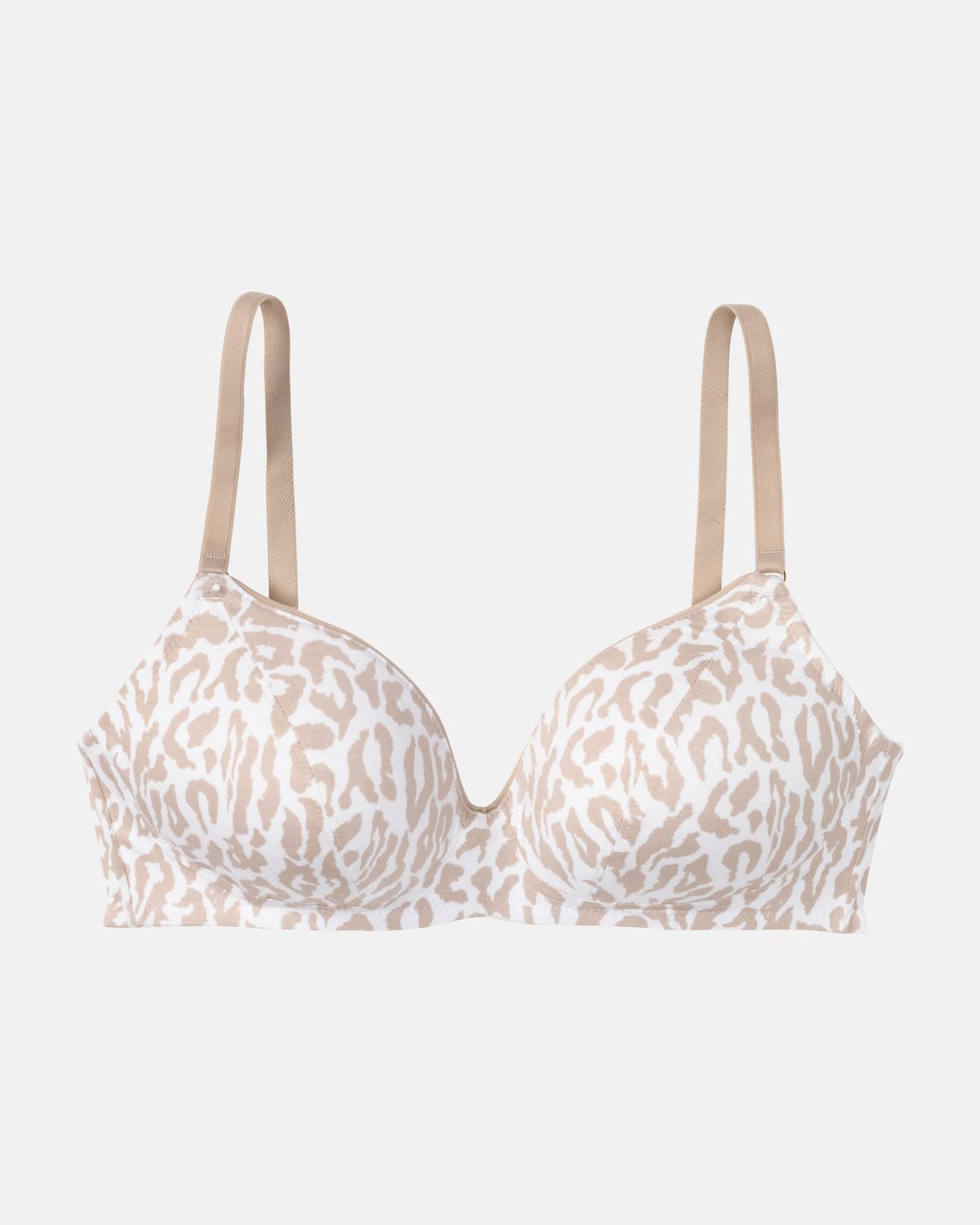 Schalen BH non wired in Leo cashew aus der Serie Ricarda, flach auf einer Oberfläche liegend.