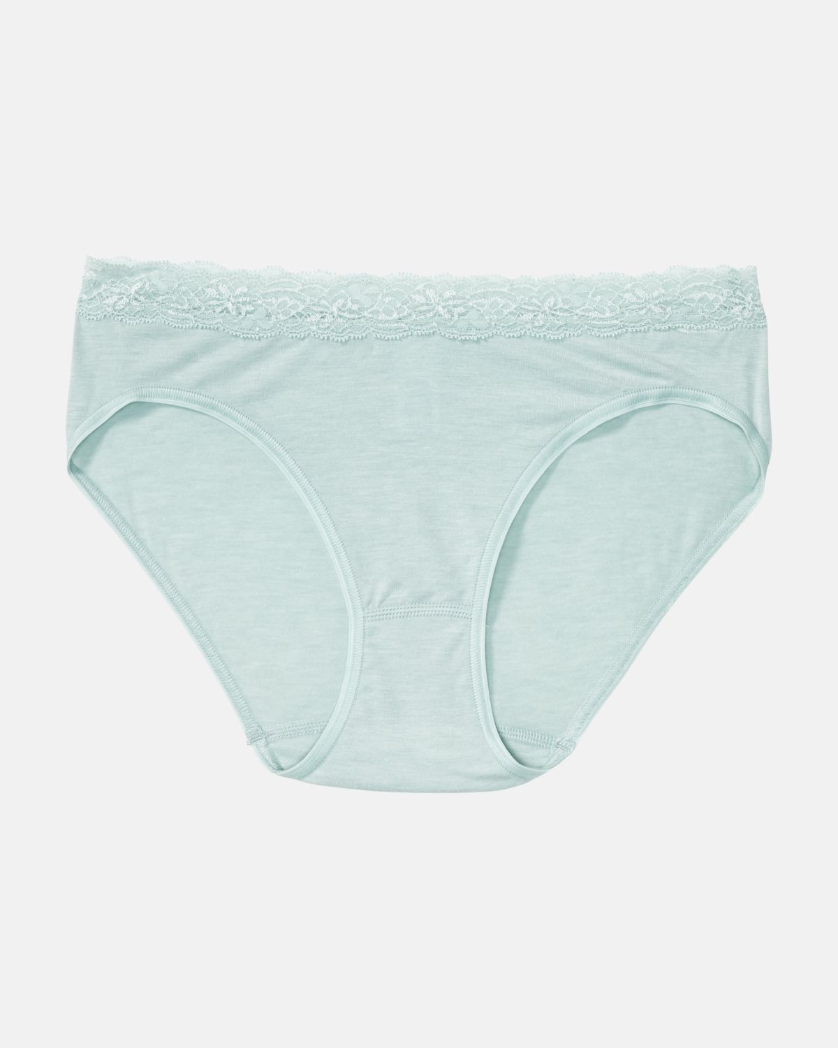 Bikinislip in minze mélé aus der Serie Rahel, flach auf einer Oberfläche liegend.