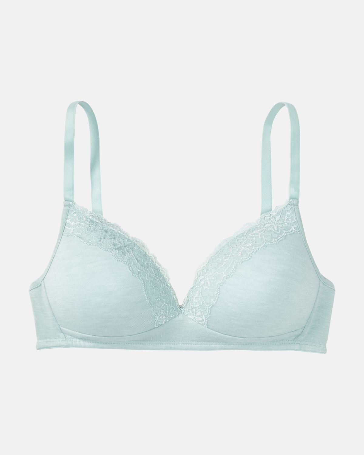 Schalen BH Triangle in minze mélé aus der Serie Rahel, flach auf einer Oberfläche liegend.