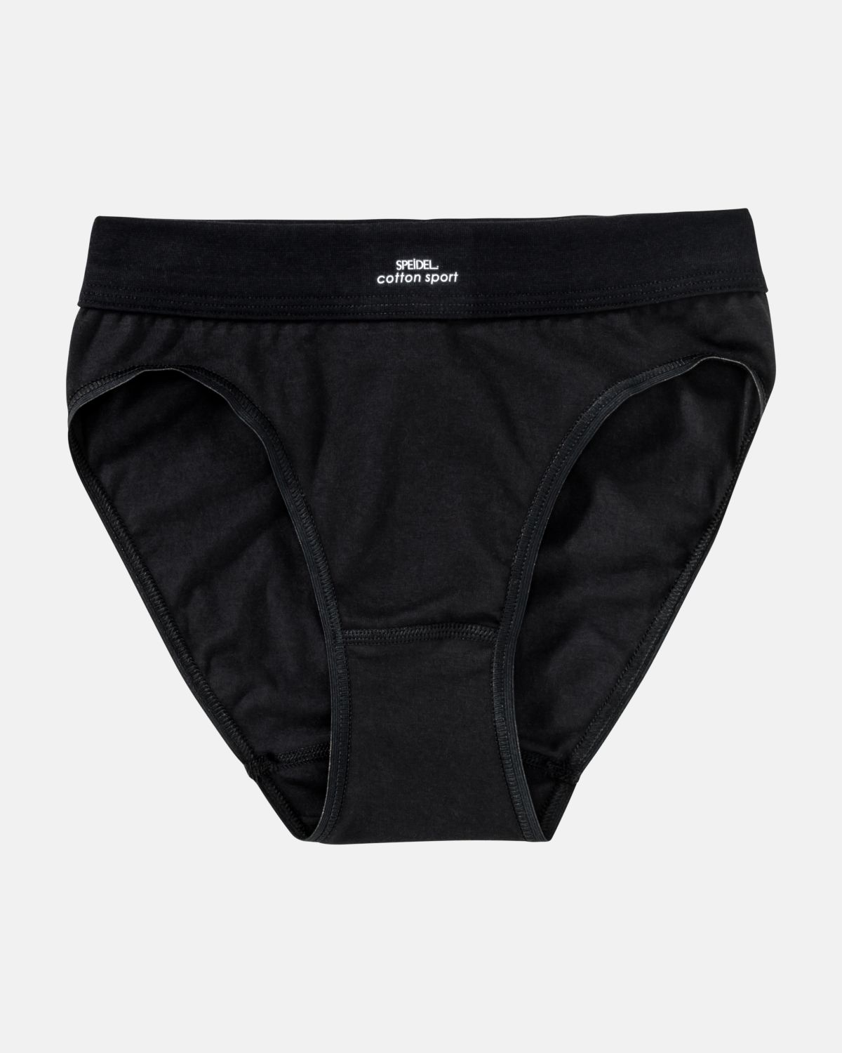 Bikinislip in schwarz aus der Serie Cotton Sport, flach auf einer Oberfläche liegend.