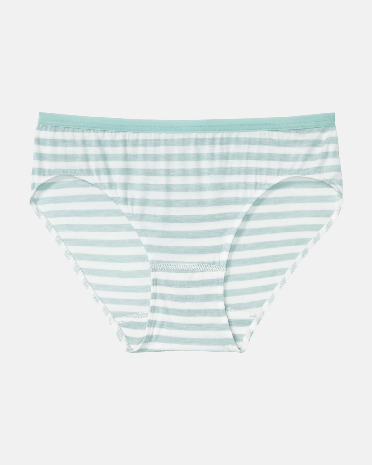 Bikinislip in minze / off white aus der Serie Regina, flach auf einer Oberfläche liegend.