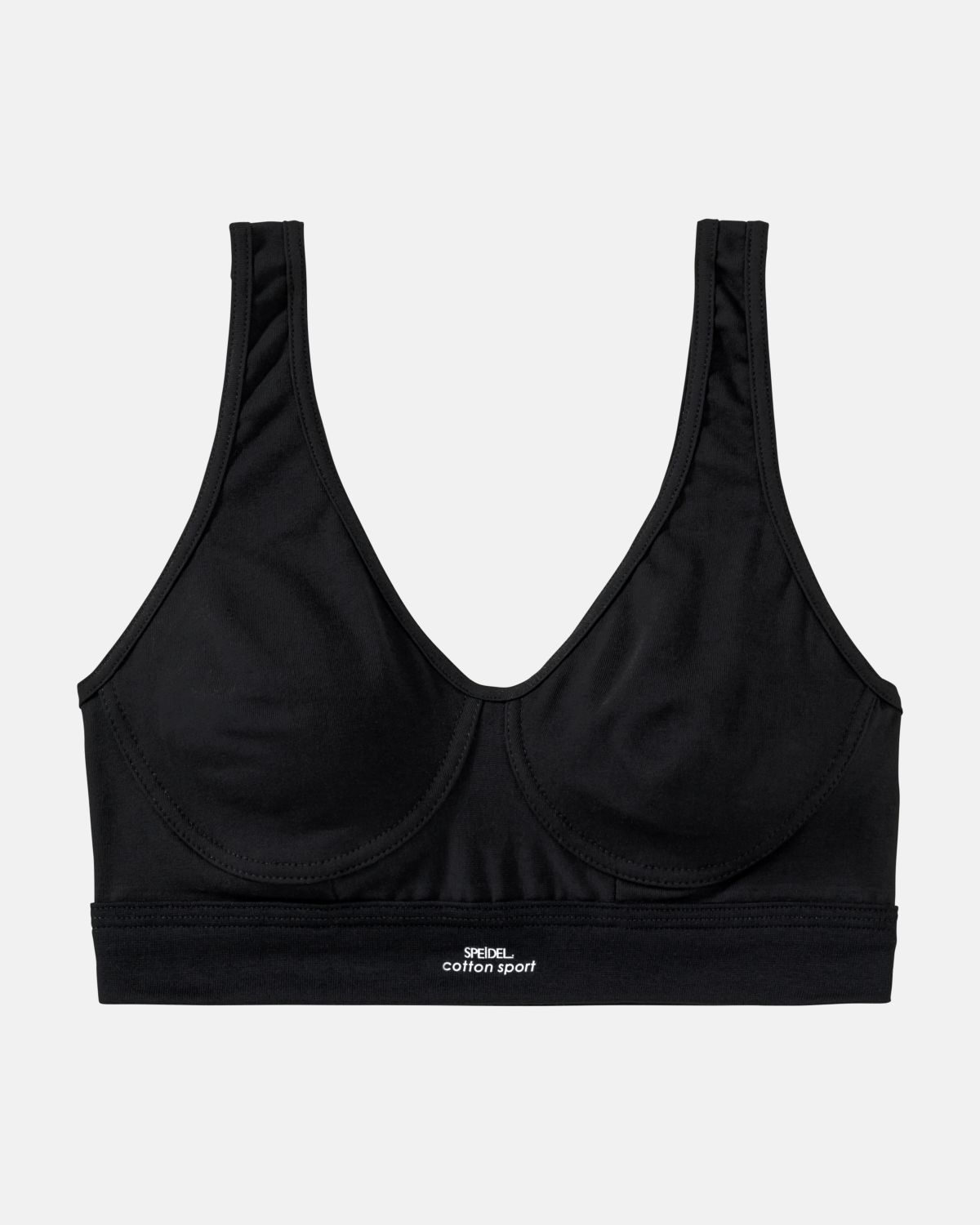 Achselbustier in schwarz aus der Serie Cotton Sport, flach auf einer Oberfläche liegend.