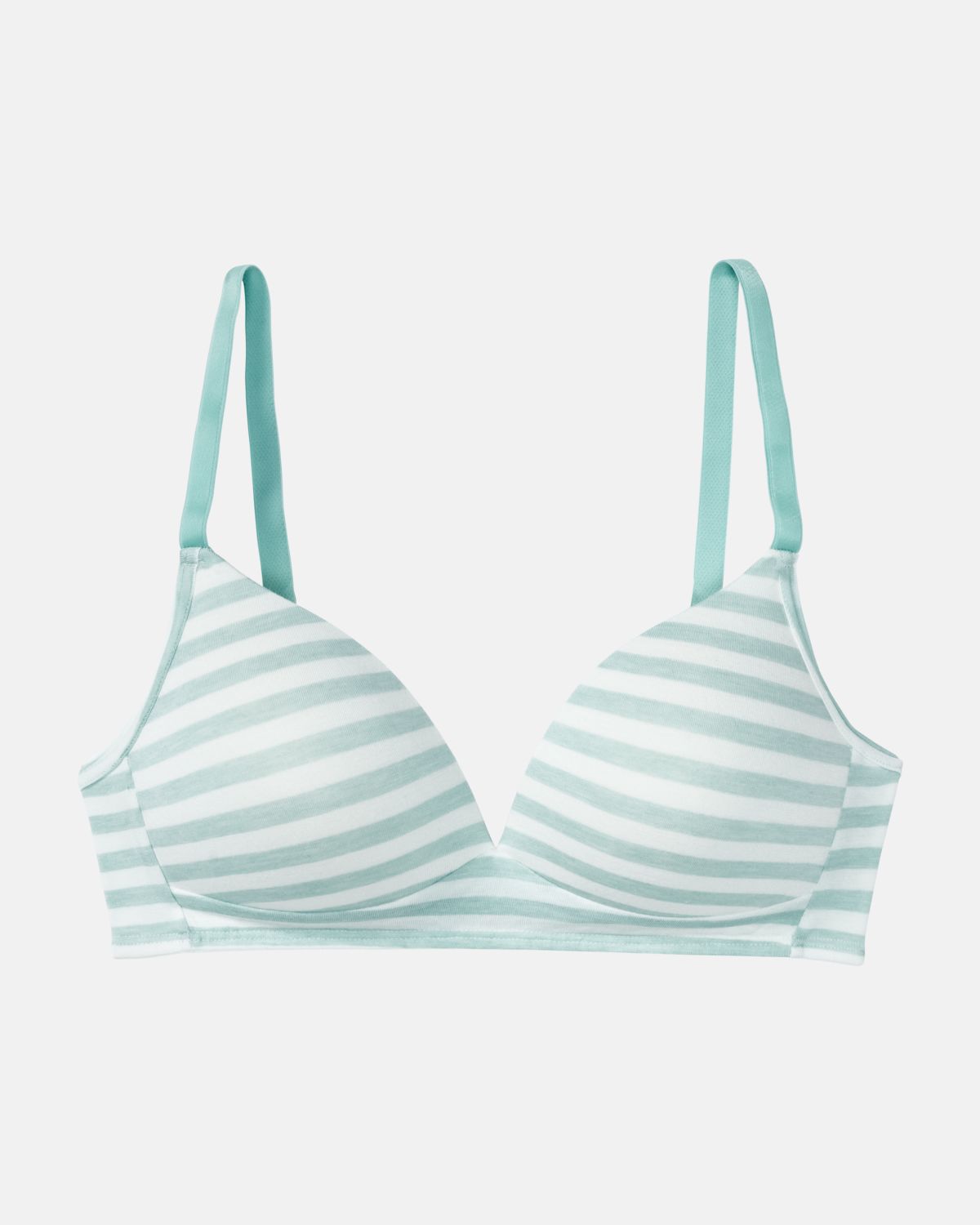 Schalen BH Triangle in minze / off white aus der Serie Regina, flach auf einer Oberfläche liegend.