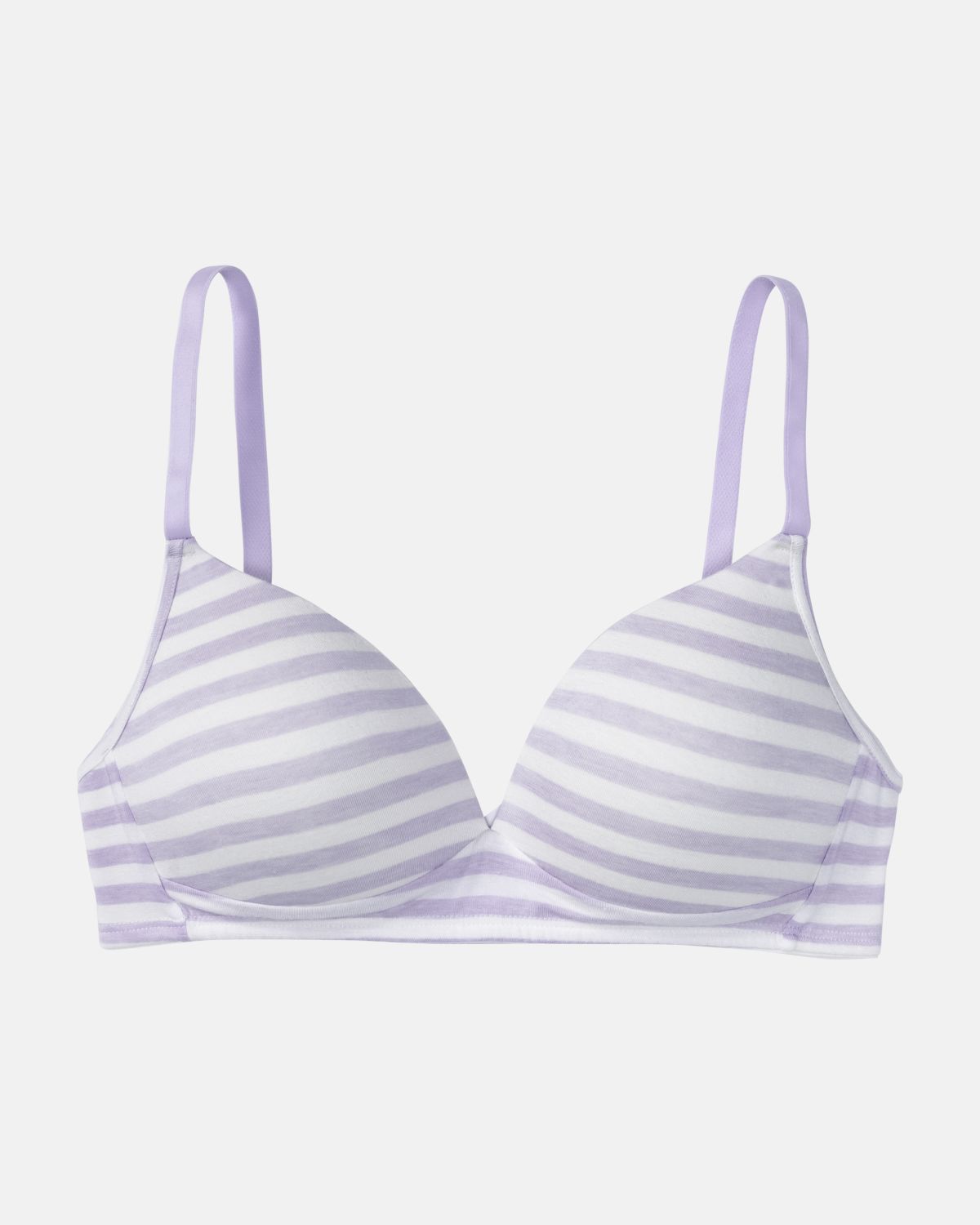 Schalen BH Triangle in lavendel / off white aus der Serie Regina, flach auf einer Oberfläche liegend.