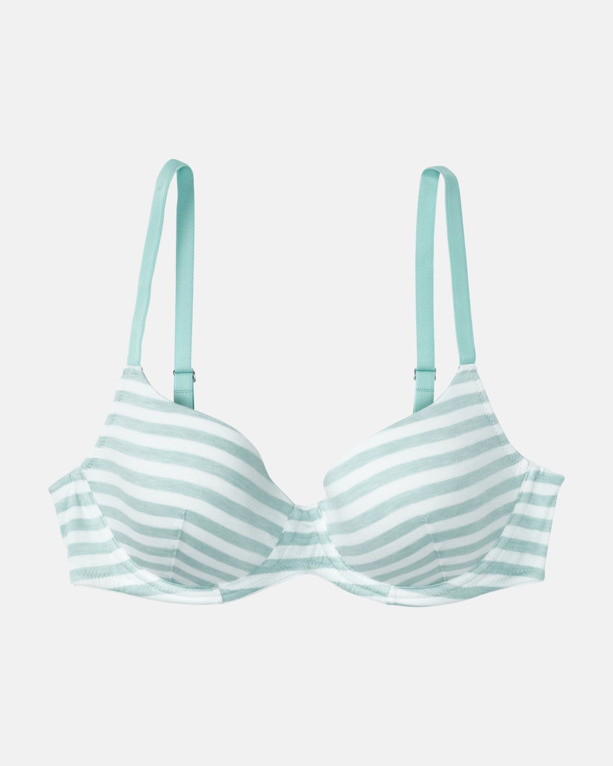 Schalen BH mit Bügel in minze / off white aus der Serie Regina, flach auf einer Oberfläche liegend.