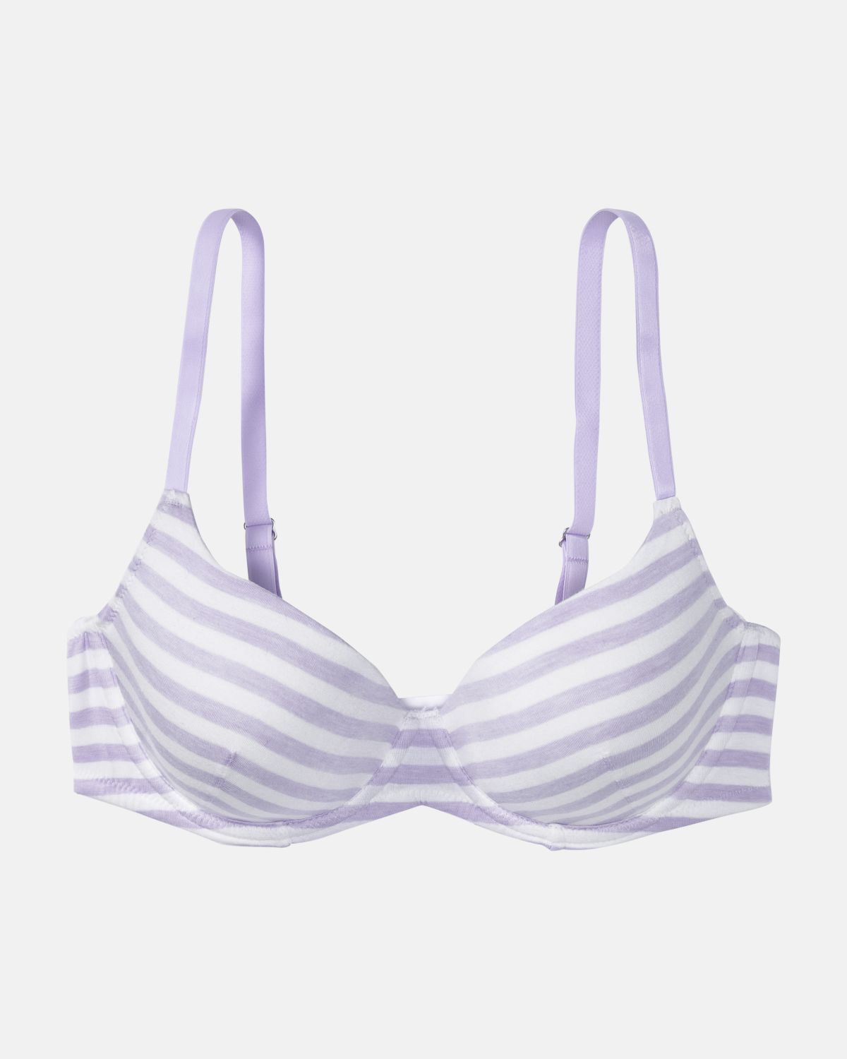 Schalen BH mit Bügel in lavendel / off white aus der Serie Regina, flach auf einer Oberfläche liegend.