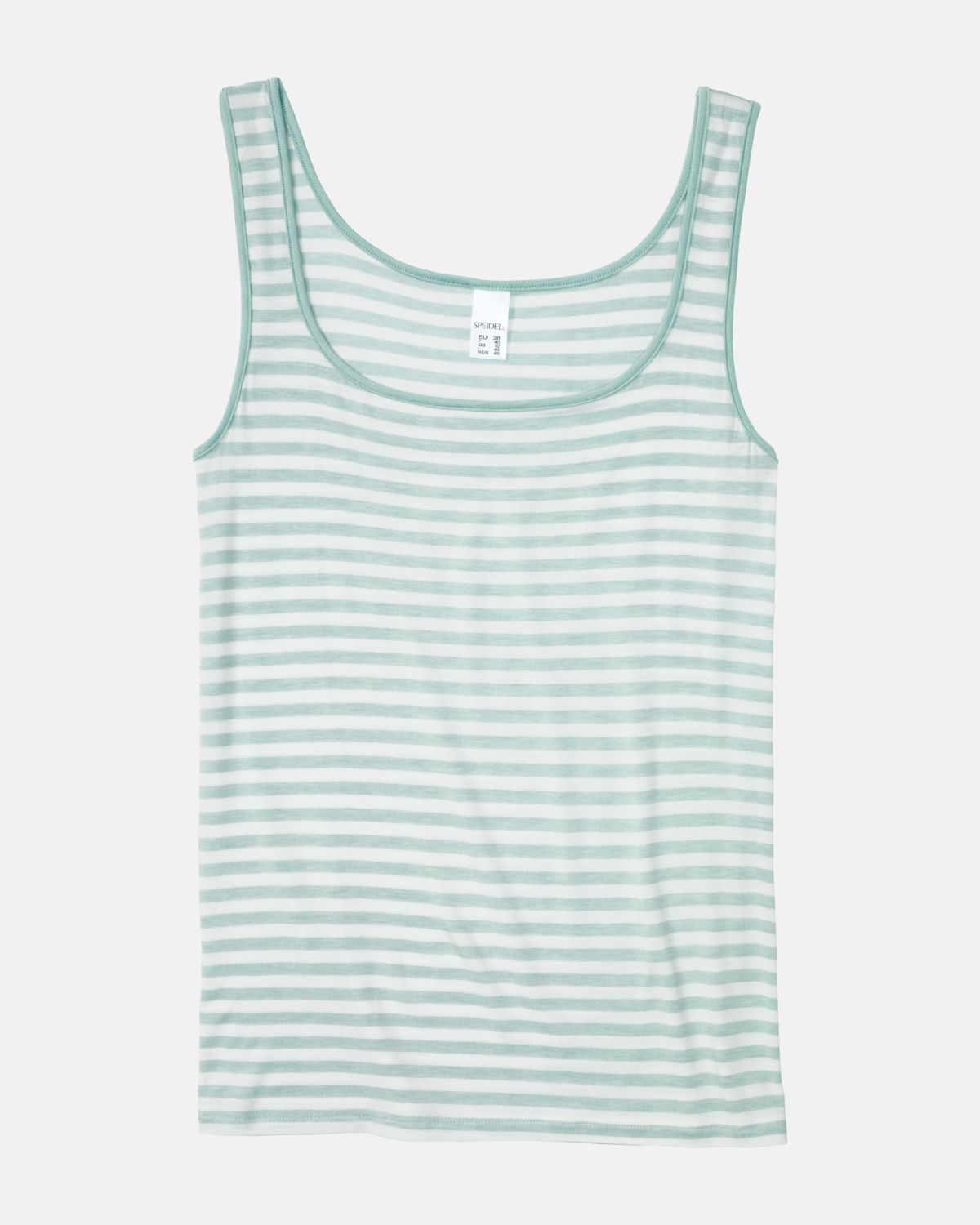 Achselhemd in minze / off white aus der Serie Regina, flach auf einer Oberfläche liegend.