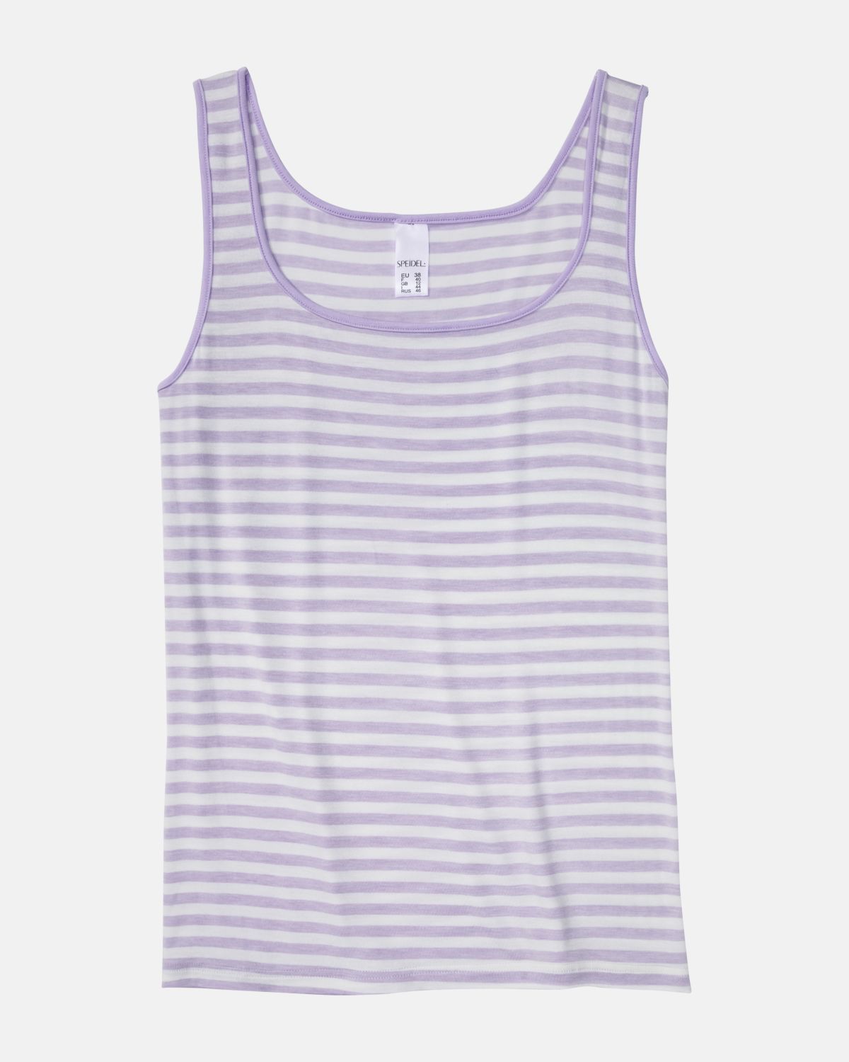 Achselhemd in lavendel / off white aus der Serie Regina, flach auf einer Oberfläche liegend.