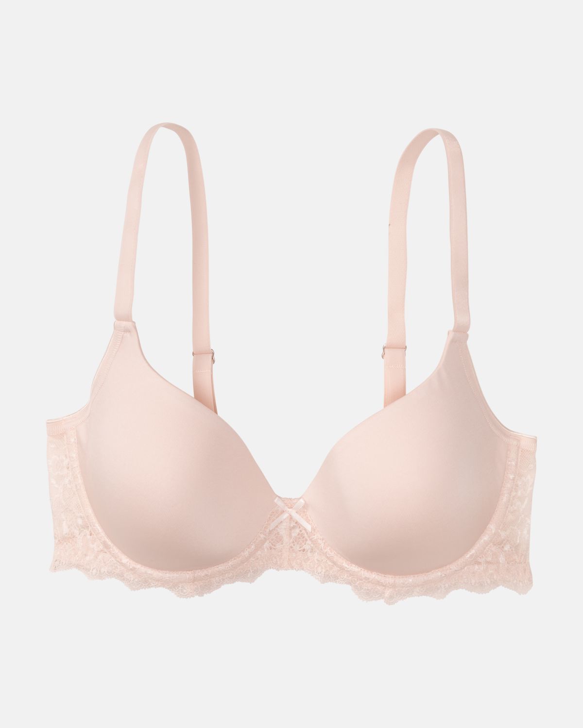 Schalen BH mit Bügel in lychee aus der Serie Lacy, flach auf einer Oberfläche liegend.