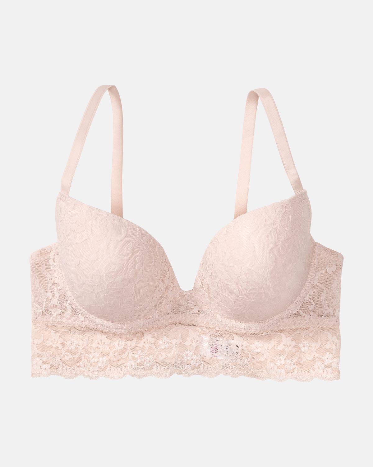 Schalen BH Longline in lychee aus der Serie Lacy, flach auf einer Oberfläche liegend.