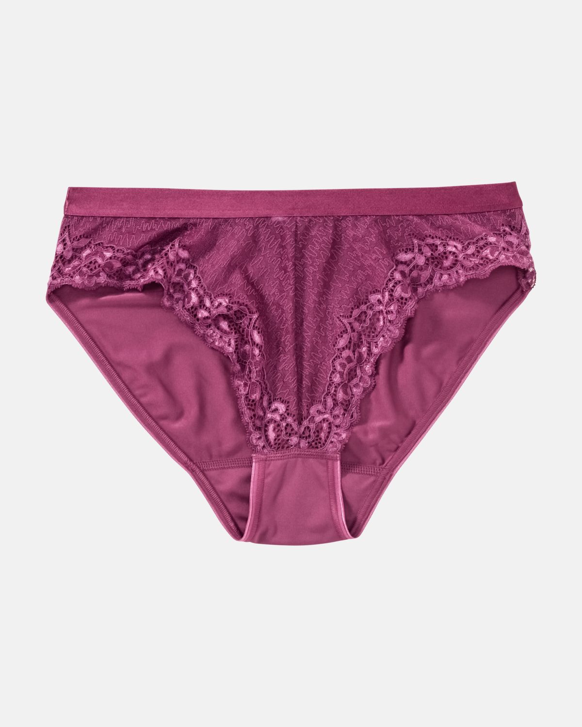 Bikinislip in plum aus der Serie Priscilla, flach auf einer Oberfläche liegend.