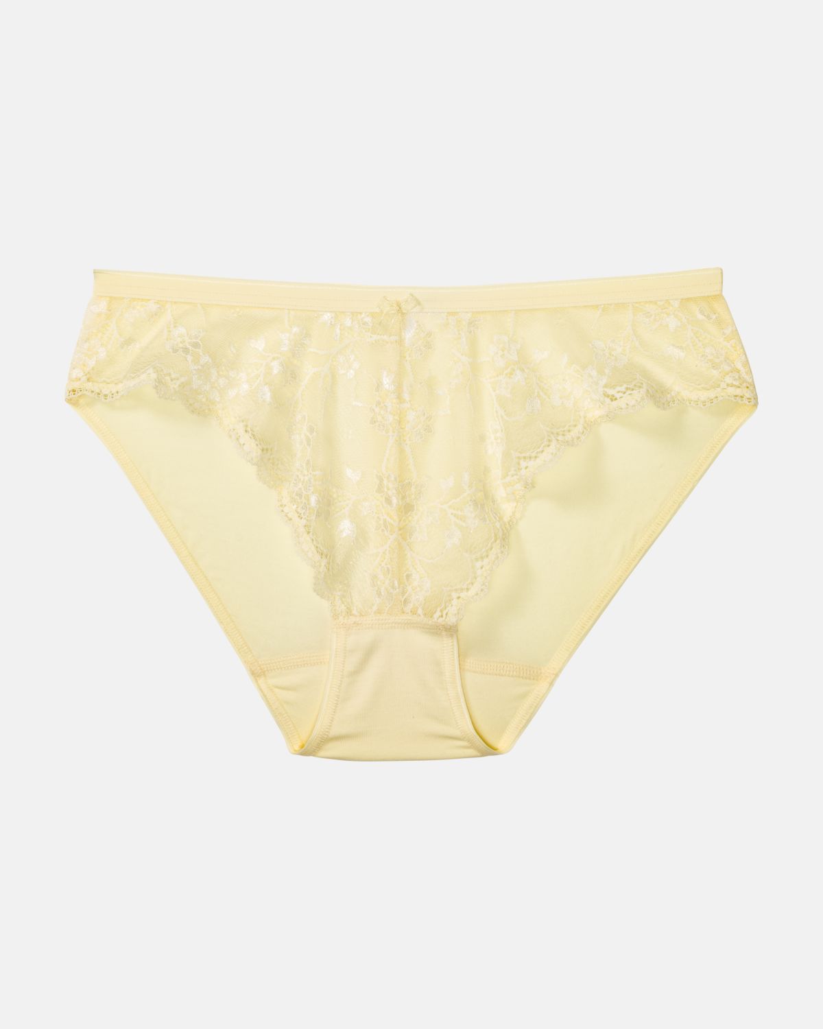 Bikinislip in zitrone aus der Serie Romy, flach auf einer Oberfläche liegend.