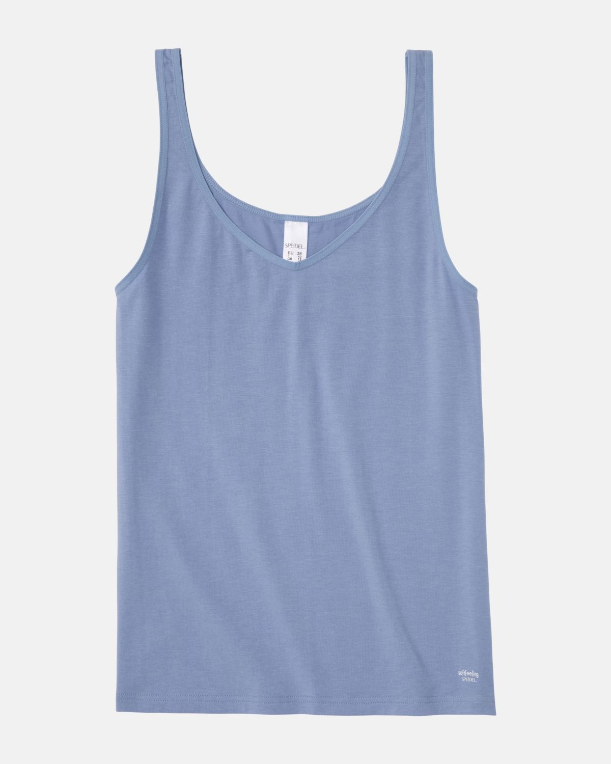 Trägerhemd in blue aus der Serie Softfeeling, flach auf einer Oberfläche liegend.