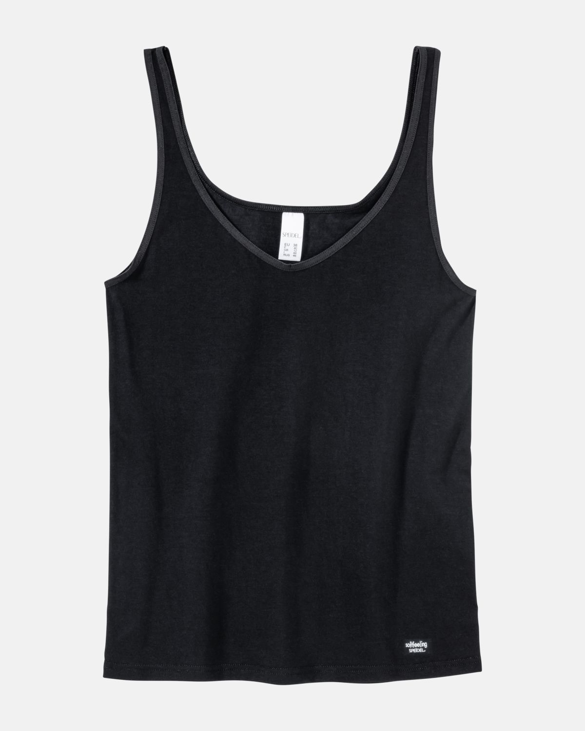 Trägerhemd in schwarz aus der Serie Softfeeling, flach auf einer Oberfläche liegend.