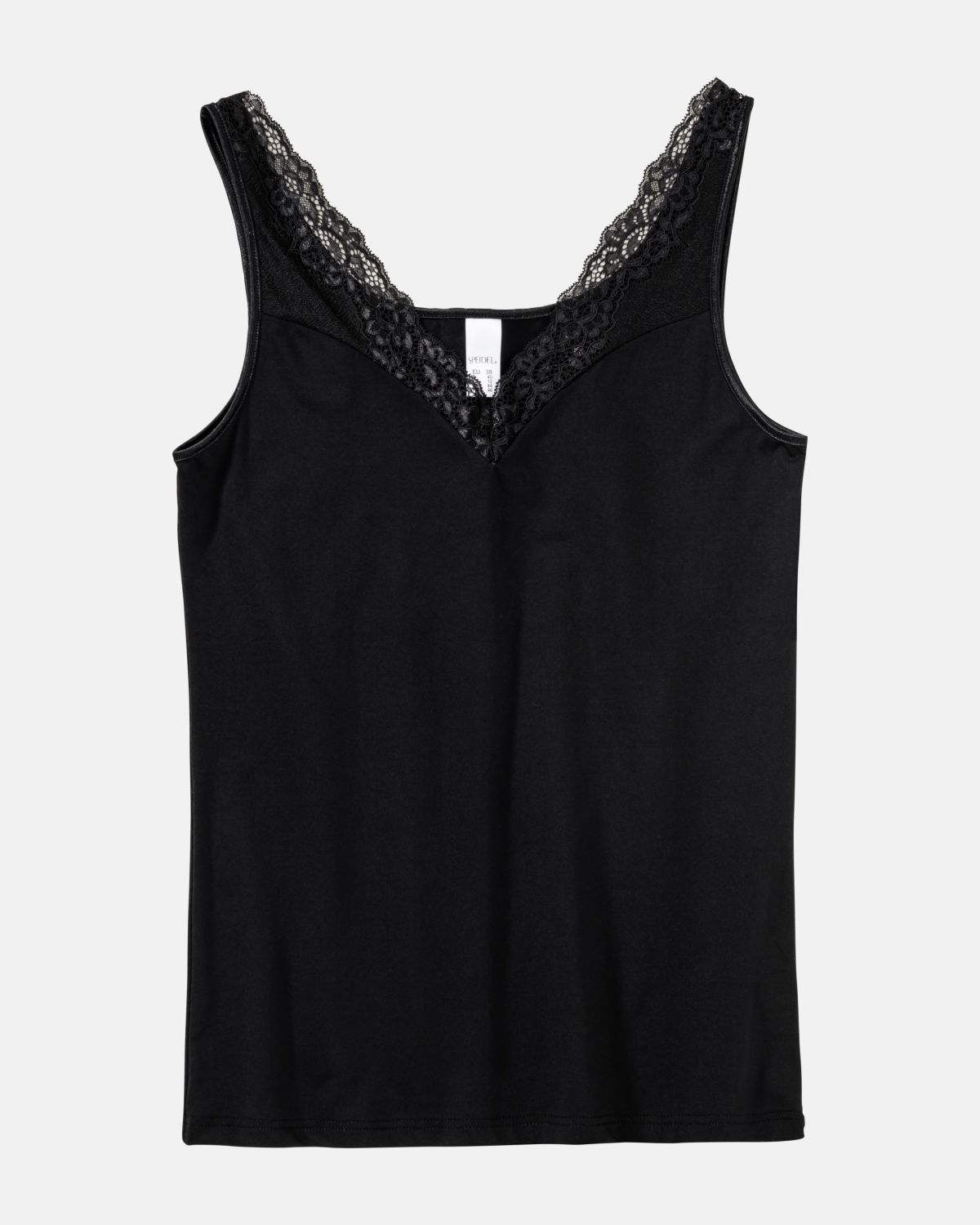 Achselhemd in schwarz aus der Serie Priscilla, flach auf einer Oberfläche liegend.