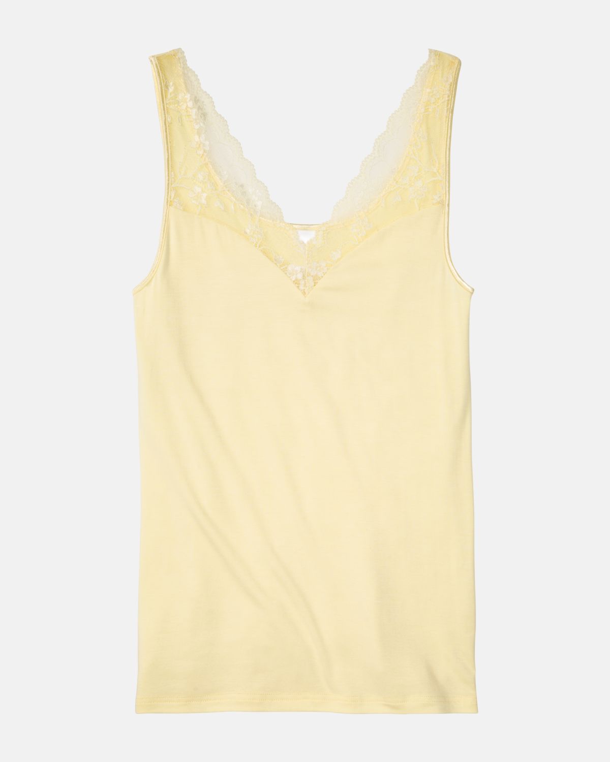 Achselhemd in zitrone aus der Serie Romy, flach auf einer Oberfläche liegend.
