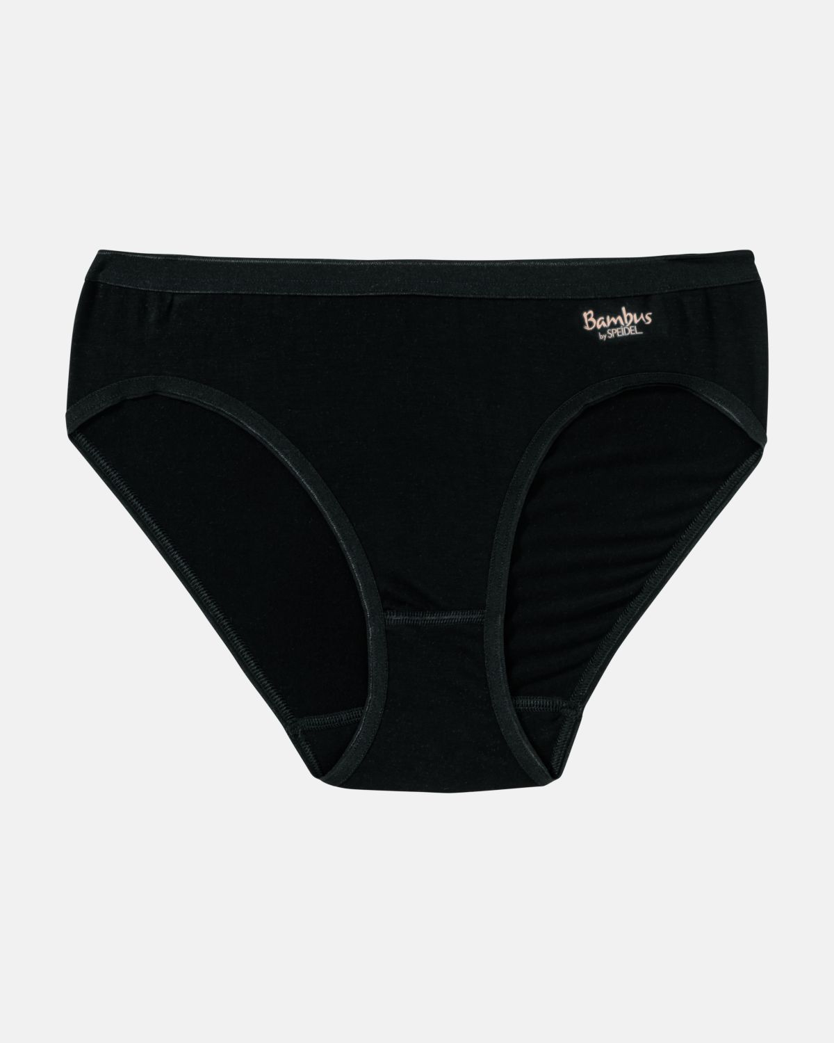 Minislip in schwarz aus der Serie Bambus, flach auf einer Oberfläche liegend.