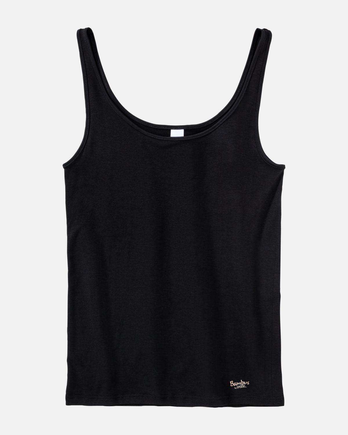 Achselhemd in schwarz aus der Serie Bambus, flach auf einer Oberfläche liegend.